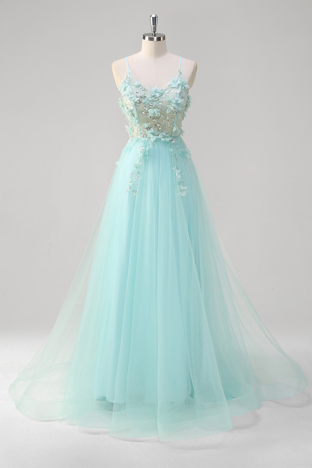 Green Spaghetti Straps A-Line Tulle Long Corset Prom Dress with Appliques
