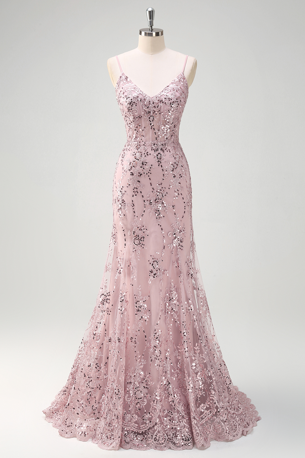 Sparkly Grey Pink Spaghetti Straps Mermaid Sequins Lace Long Corset Prom Dress