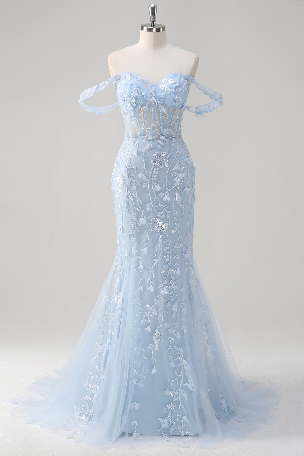 Blue Off the Shoulder Embroidery Mermaid Tulle Long Corset Prom Dress with Appliques
