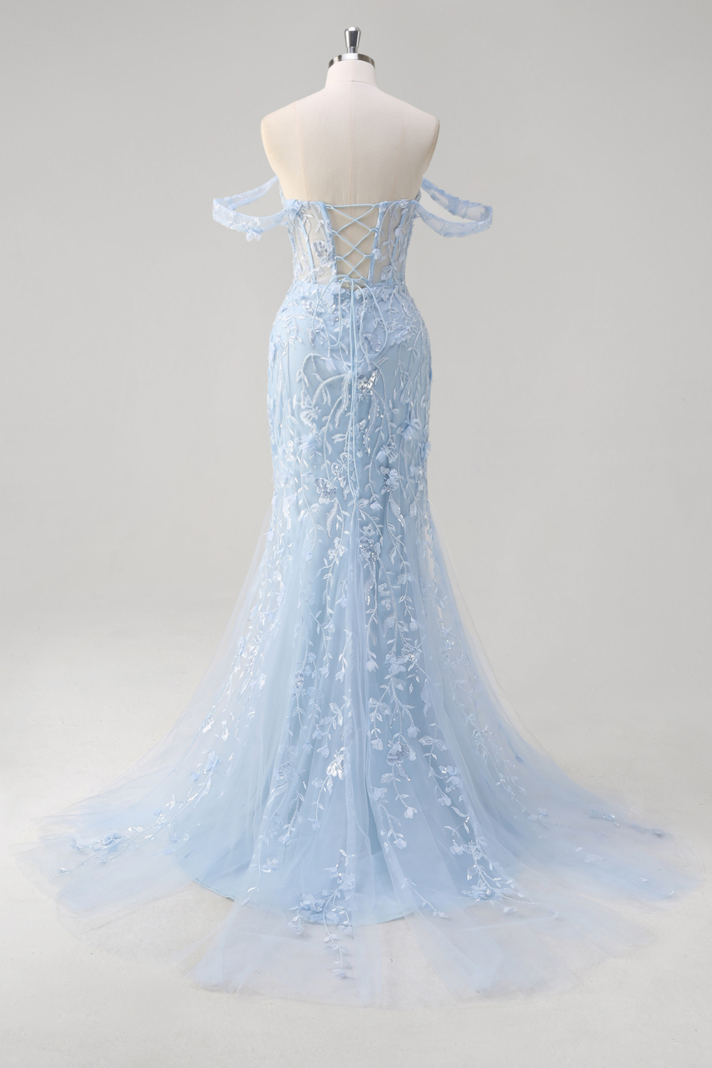 Blue Off the Shoulder Embroidery Mermaid Tulle Long Corset Prom Dress with Appliques