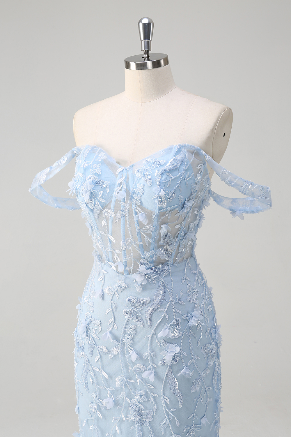 Blue Off the Shoulder Embroidery Mermaid Tulle Long Corset Prom Dress with Appliques