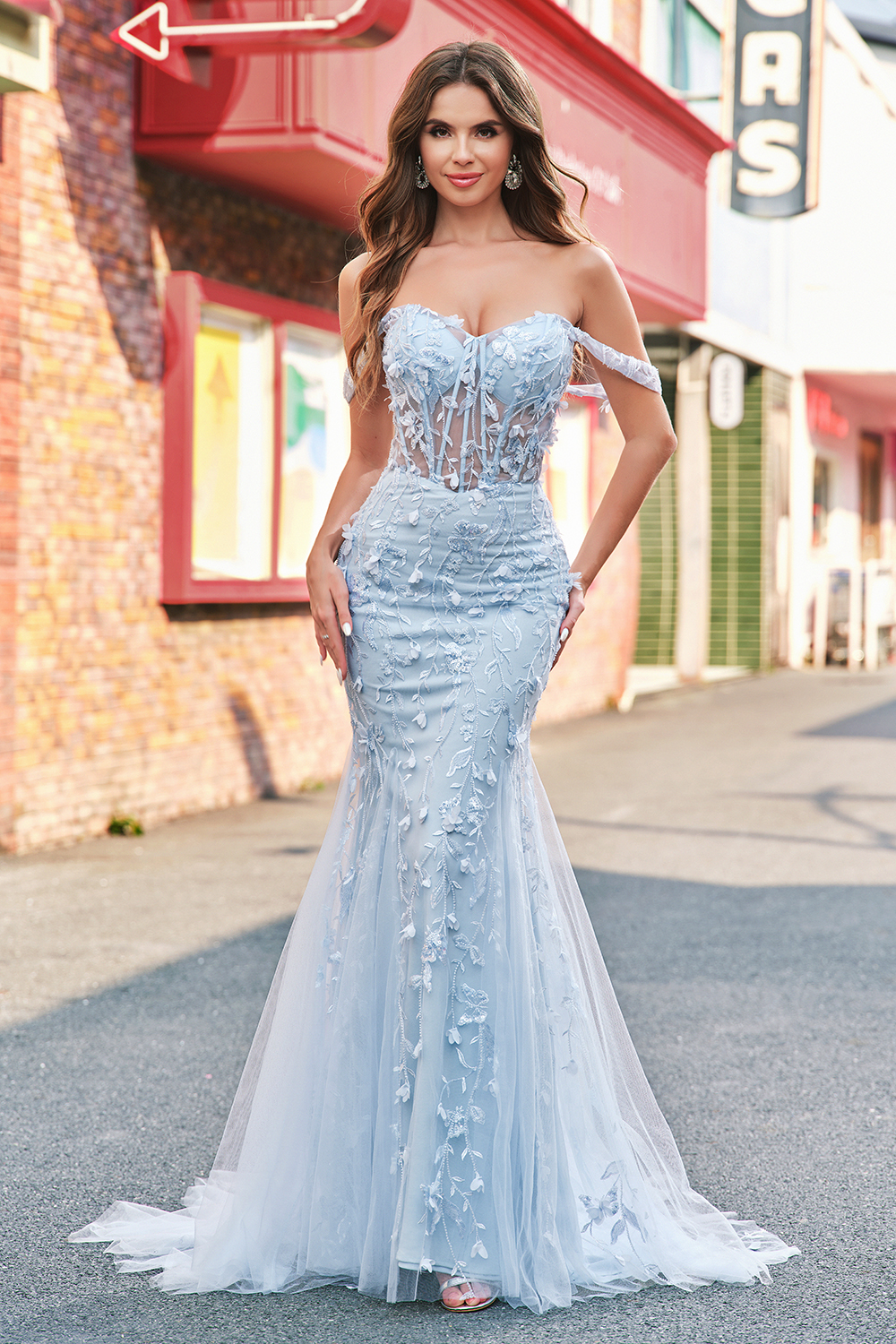 Blue Off the Shoulder Embroidery Mermaid Tulle Long Corset Prom Dress with Appliques