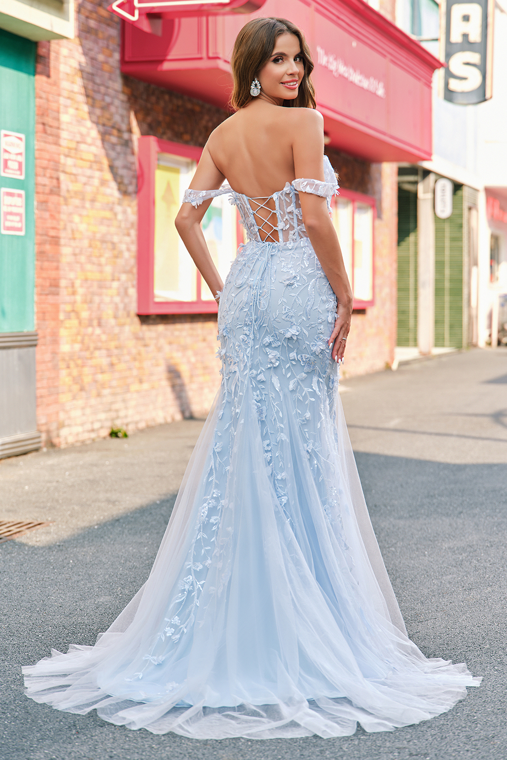 Blue Off the Shoulder Embroidery Mermaid Tulle Long Corset Prom Dress with Appliques