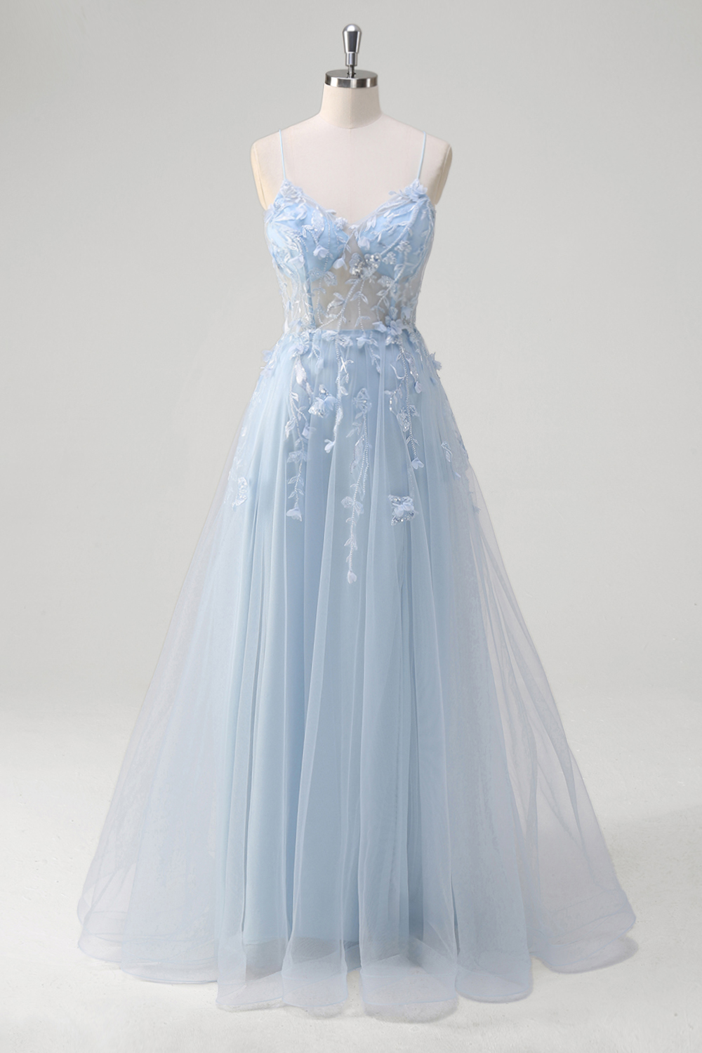 Blue Spaghetti Straps A-Line Tulle Embroidery Long Prom Dress with Appliques