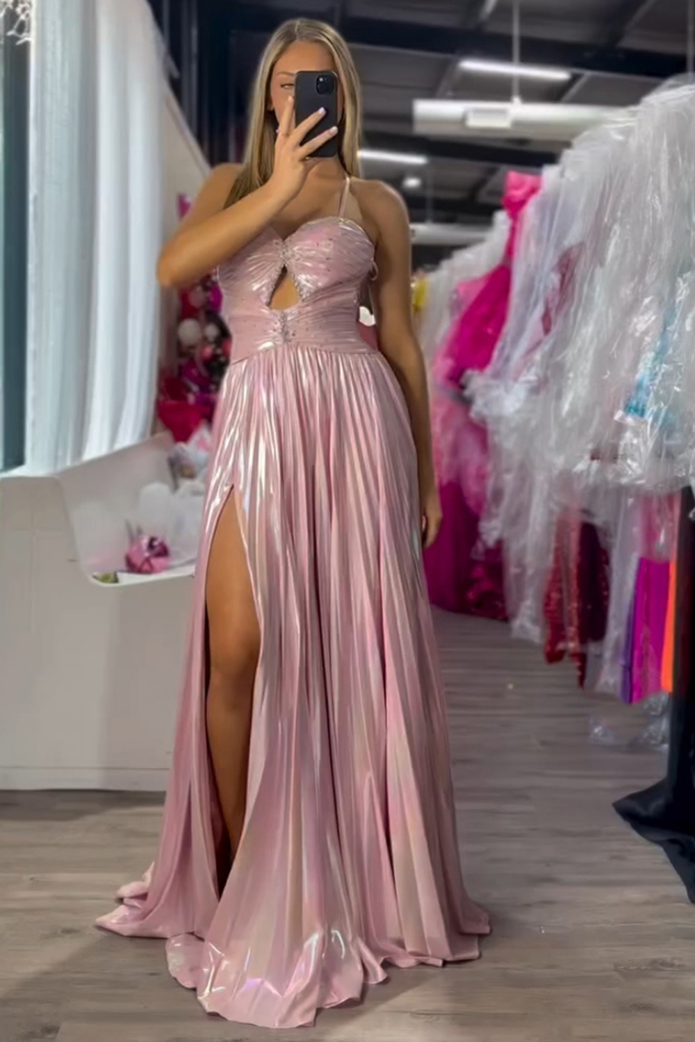 Blush Metallic Spaghetti Straps Pleated Long Prom Dress with Slit
