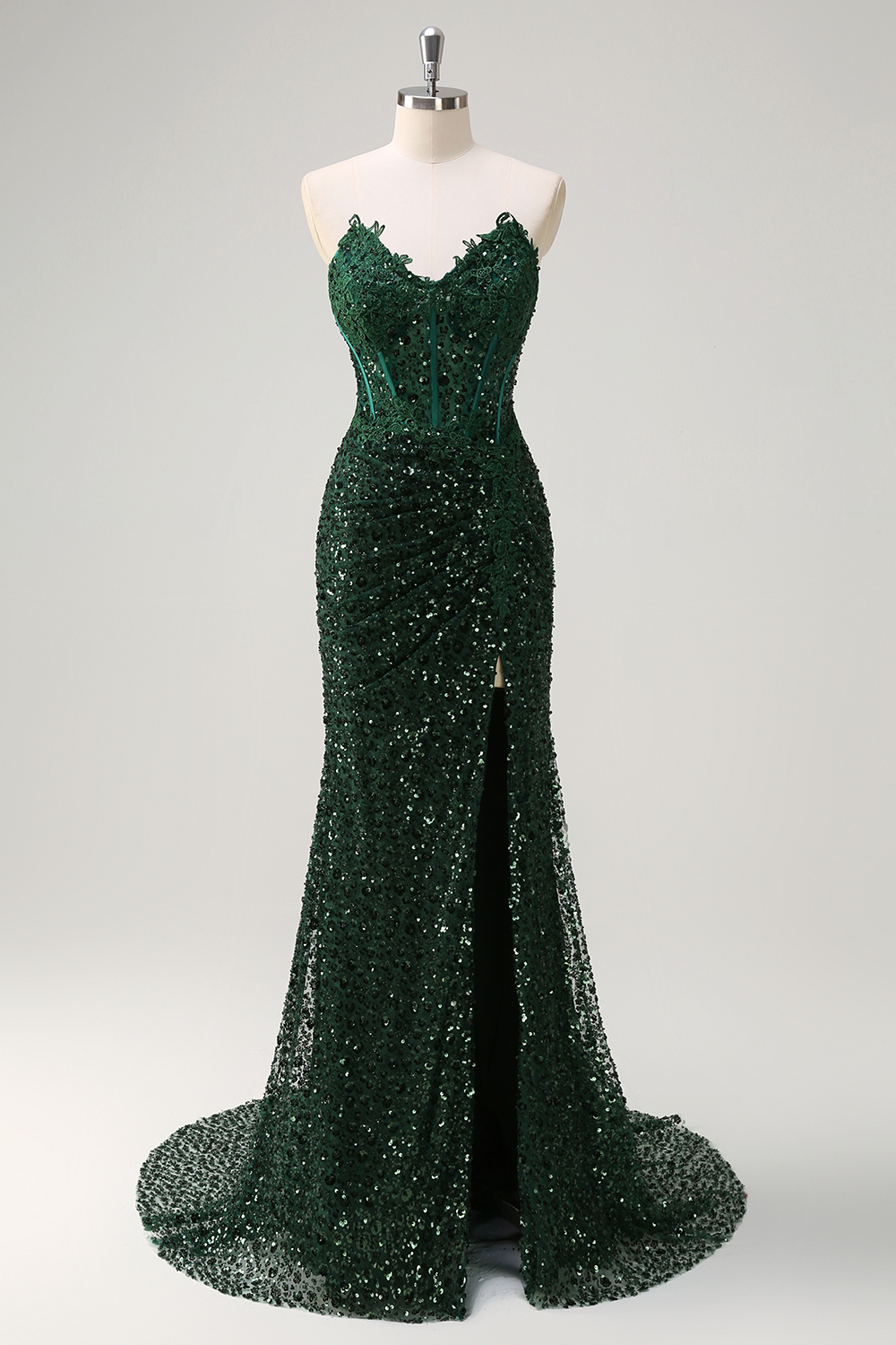 Sparkly Dark Green Gala Dress Sweetheart Sequins Pageant Dress Mermaid Long Corset Prom Dress with Appliques