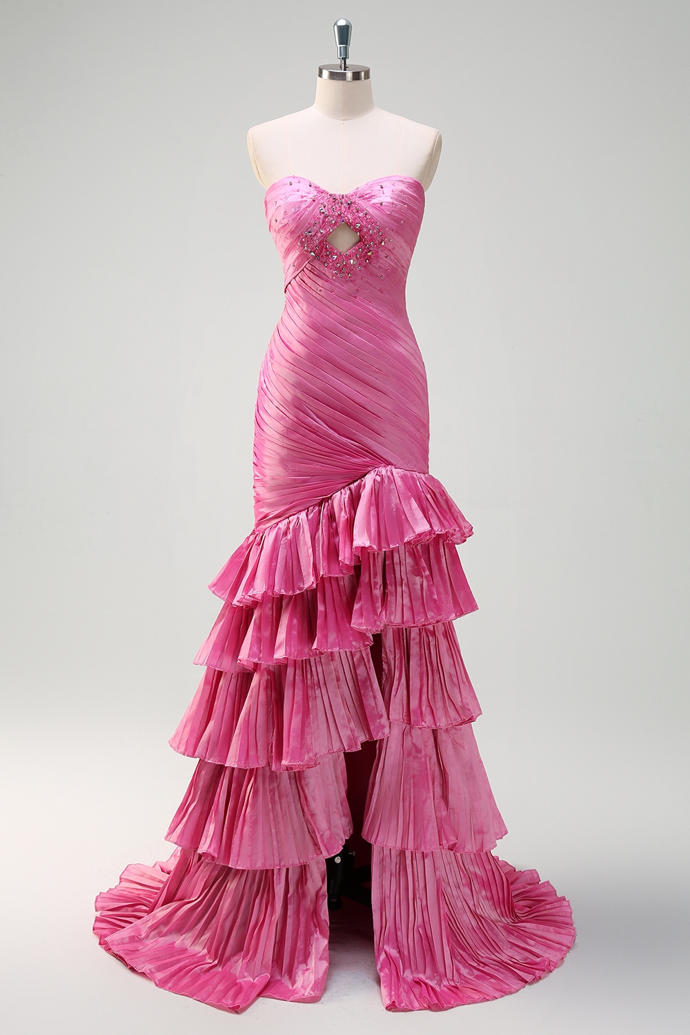 Fuchsia Cut-out Sweetheart Mermaid Satin Beaded Tiered Long Prom Dress with Slit