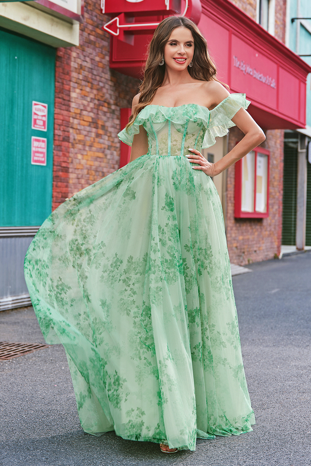 Green Floral Printed Off the Shoulder Chiffon A-Line Long Corset Prom Dress