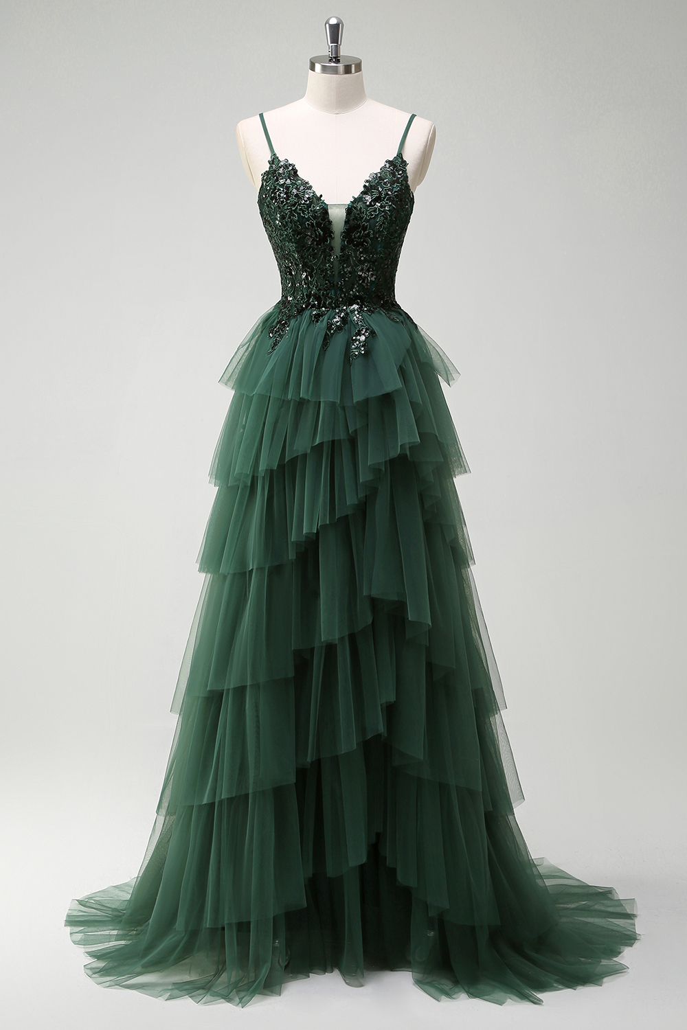 Dark Green Spaghetti Straps A Line Applique Tiered Tulle Long Corset Prom Dress with Sequins