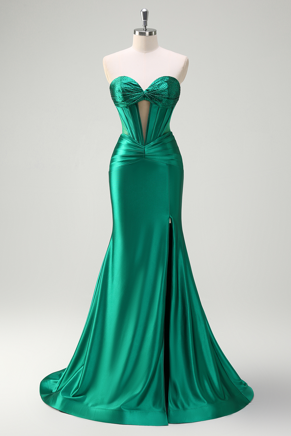 Dark Green Sweetheart Mermaid Satin Cut-out Long Prom Dress with Slit