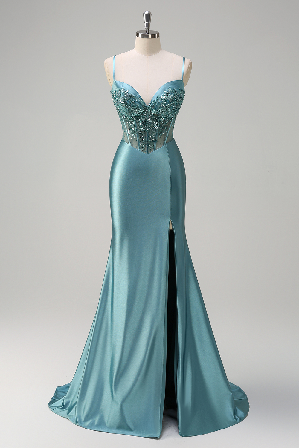 Sparkly Grey Green Spaghetti Straps Satin Mermaid Long Corset Prom Dress with Appliques