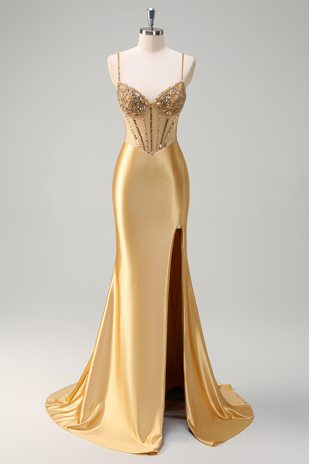 Sparkly Gold Formal Dress Spaghetti Straps Gala Dress Satin Pageant Dress Mermaid Long Corset Prom Dress with Sequins