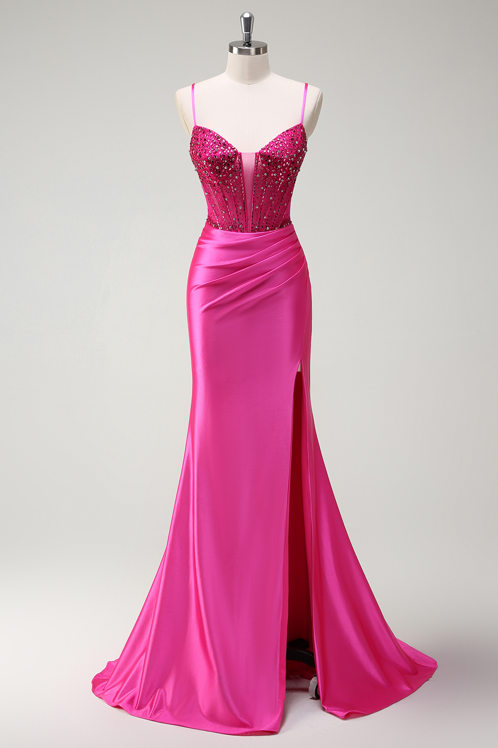 Fuchsia Spaghetti Straps Mermaid Beaded Satin Long Prom Dress with Slit