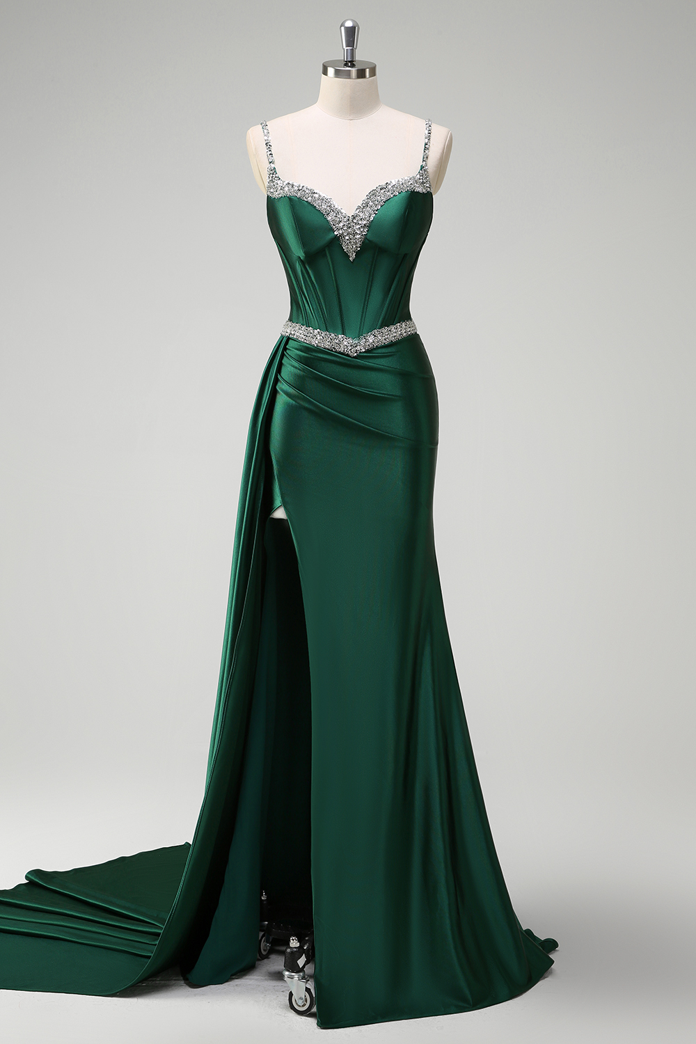 Dark Green Spaghetti Straps Mermaid Satin Sequin Long Croset Prom Dress with High Slit