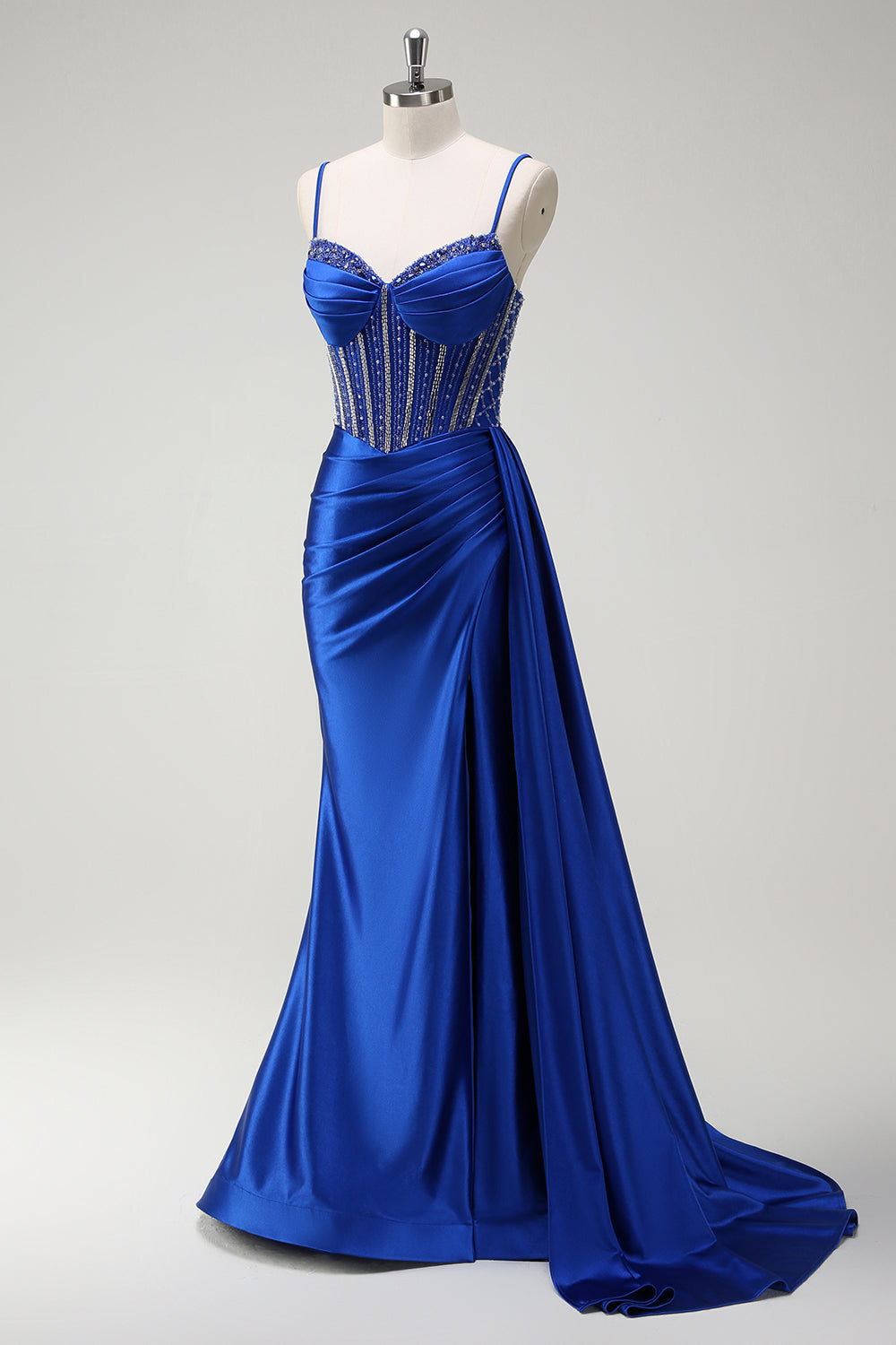 Glitter Royal Blue Satin Mermaid Spaghetti Straps Long Corset Prom Dress with Beading