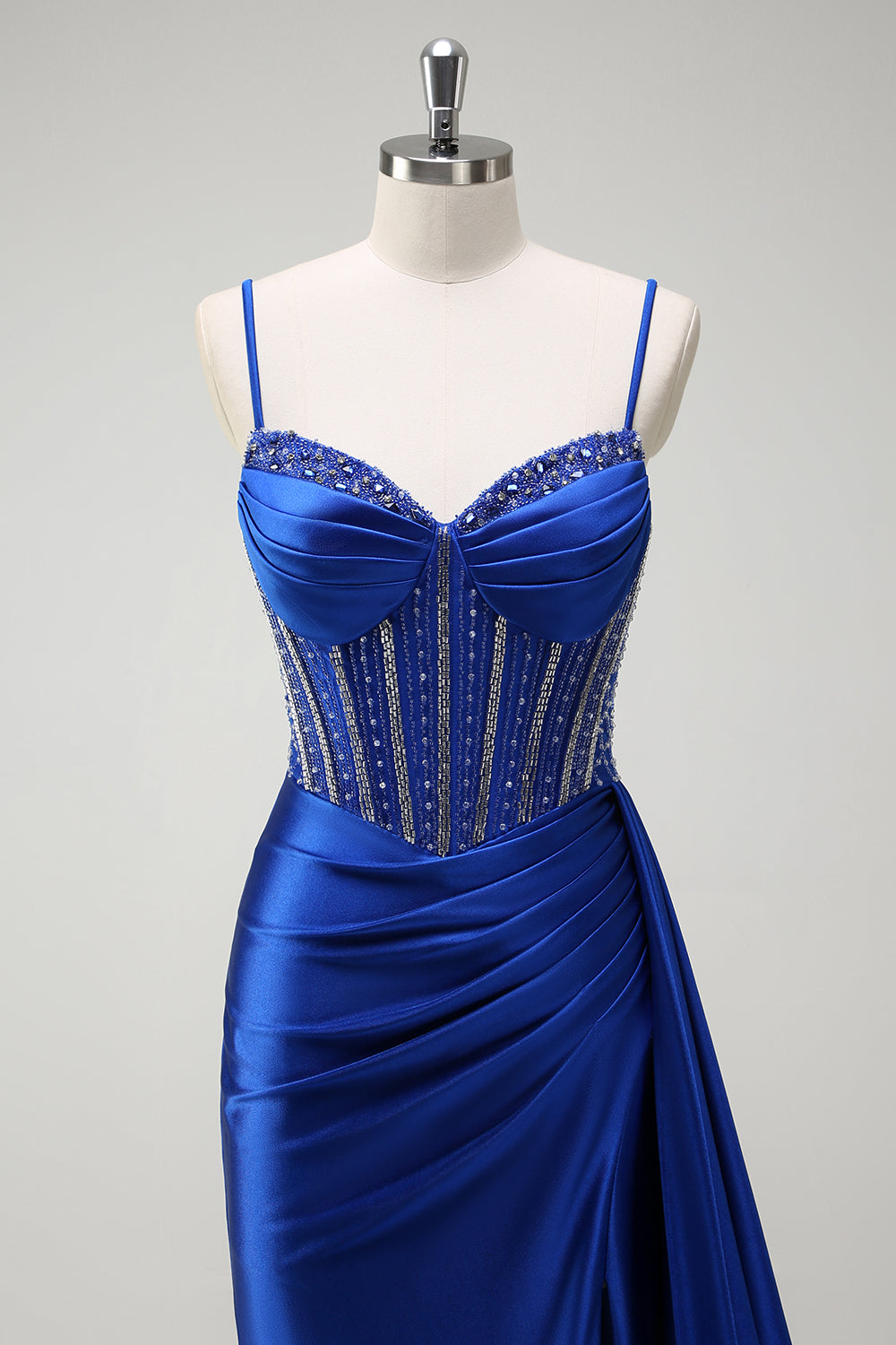 Glitter Royal Blue Satin Mermaid Spaghetti Straps Long Corset Prom Dress with Beading