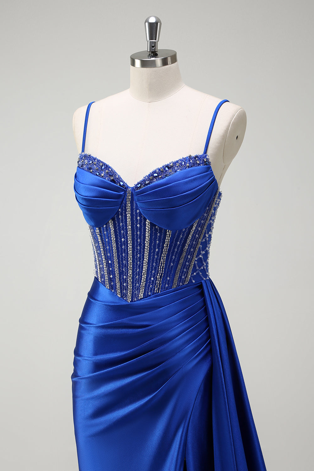Glitter Royal Blue Satin Mermaid Spaghetti Straps Long Corset Prom Dress with Beading