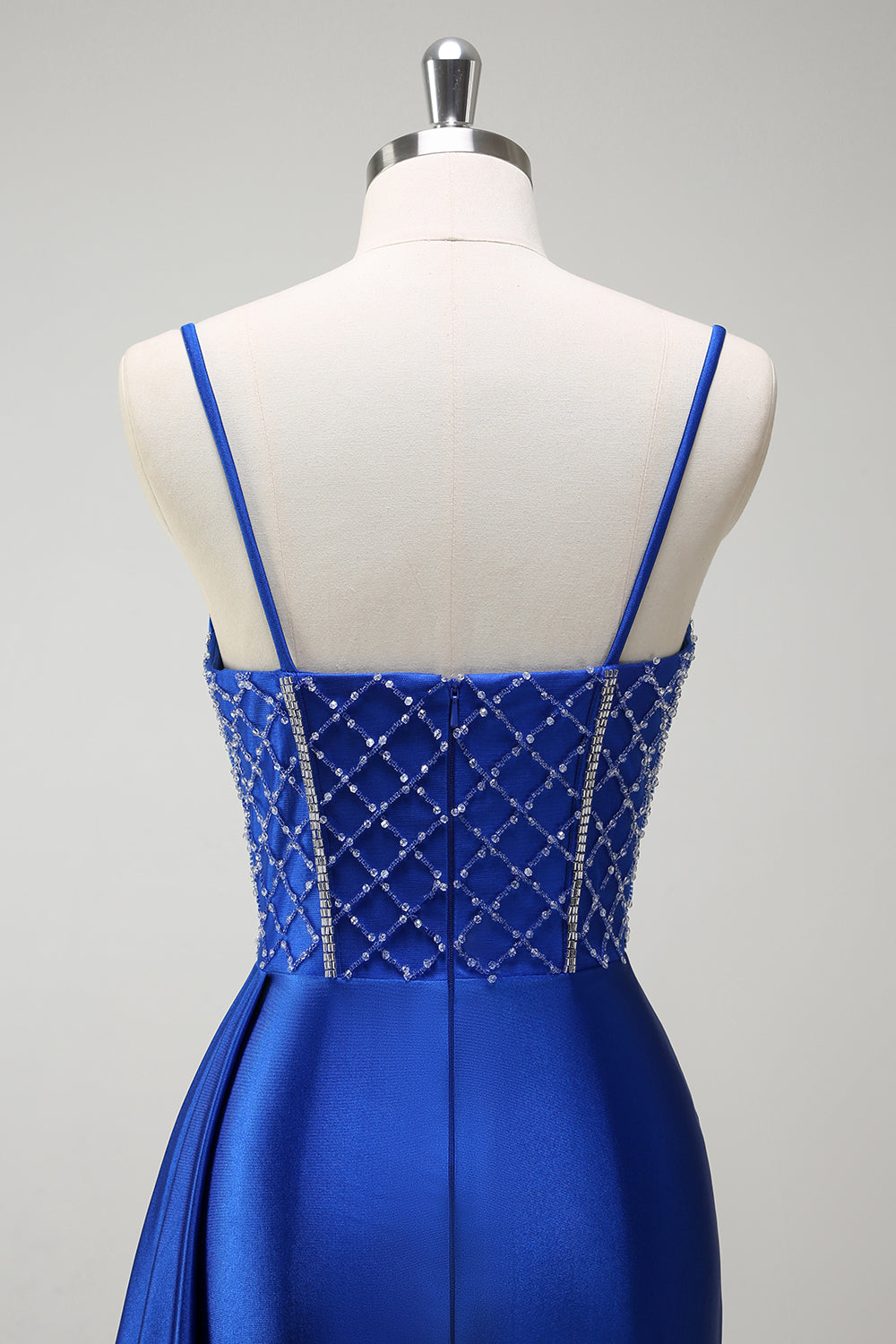 Glitter Royal Blue Satin Mermaid Spaghetti Straps Long Corset Prom Dress with Beading