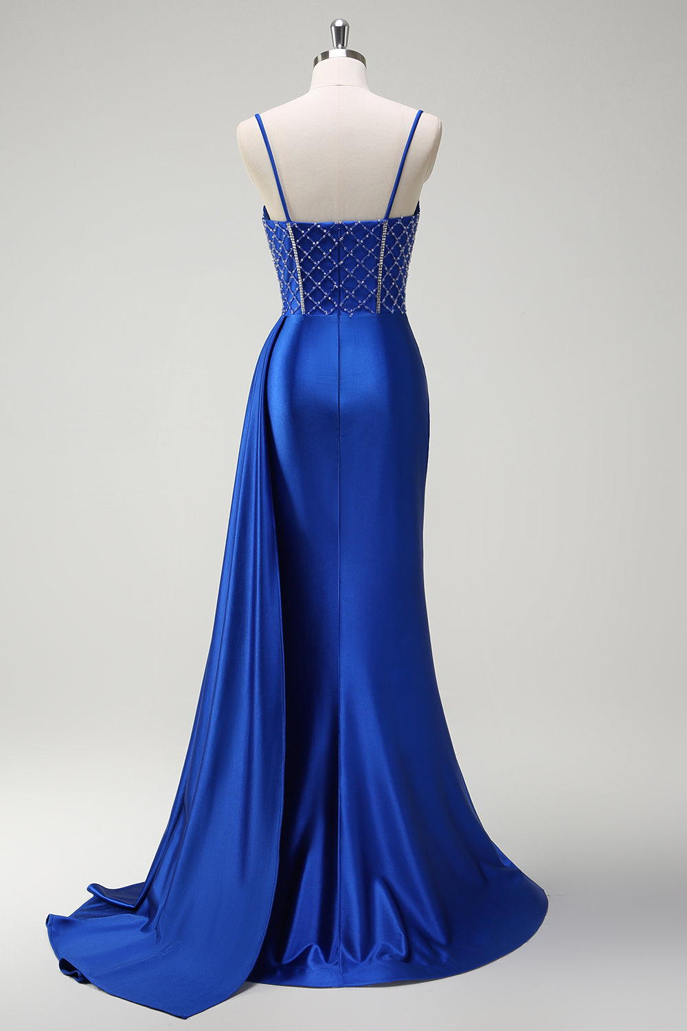 Glitter Royal Blue Satin Mermaid Spaghetti Straps Long Corset Prom Dress with Beading