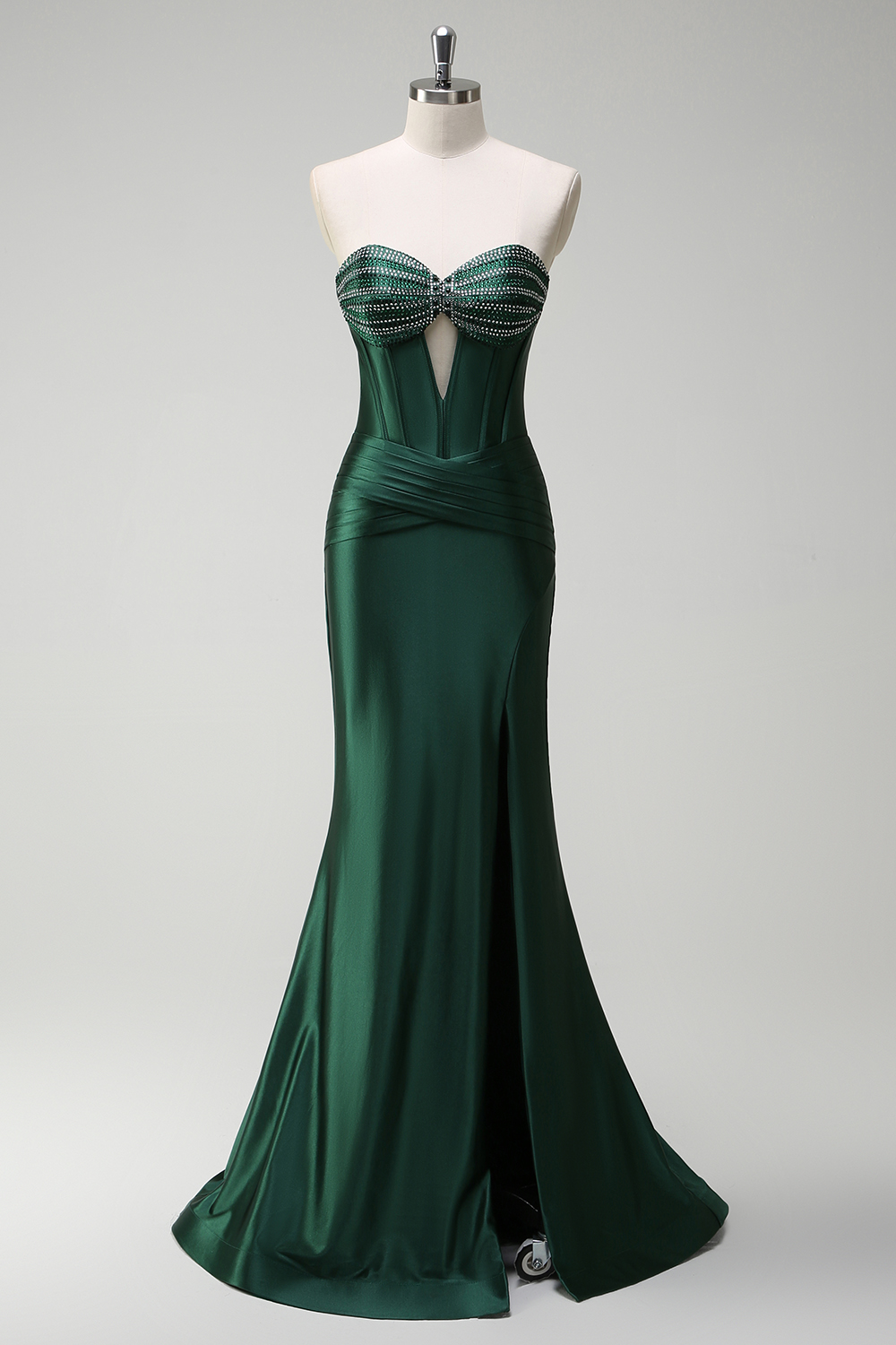 Dark Green Satin Mermaid Sweetheart Long Corset Prom Dress with Slit