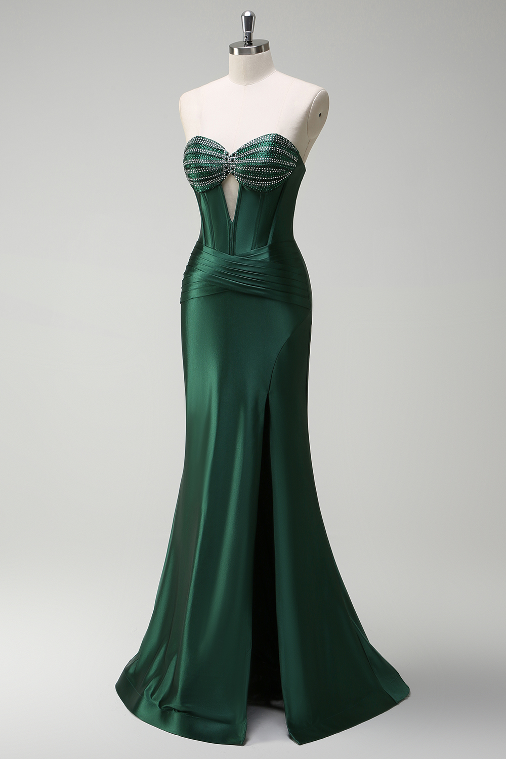 Dark Green Satin Mermaid Sweetheart Long Corset Prom Dress with Slit