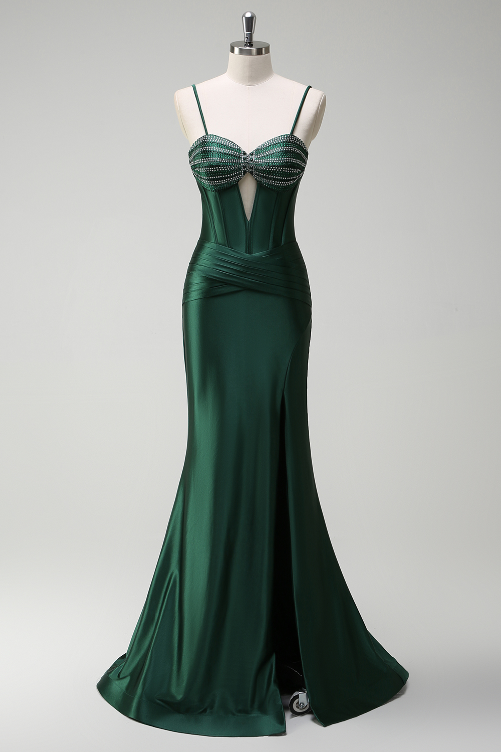 Dark Green Satin Mermaid Sweetheart Long Corset Prom Dress with Slit