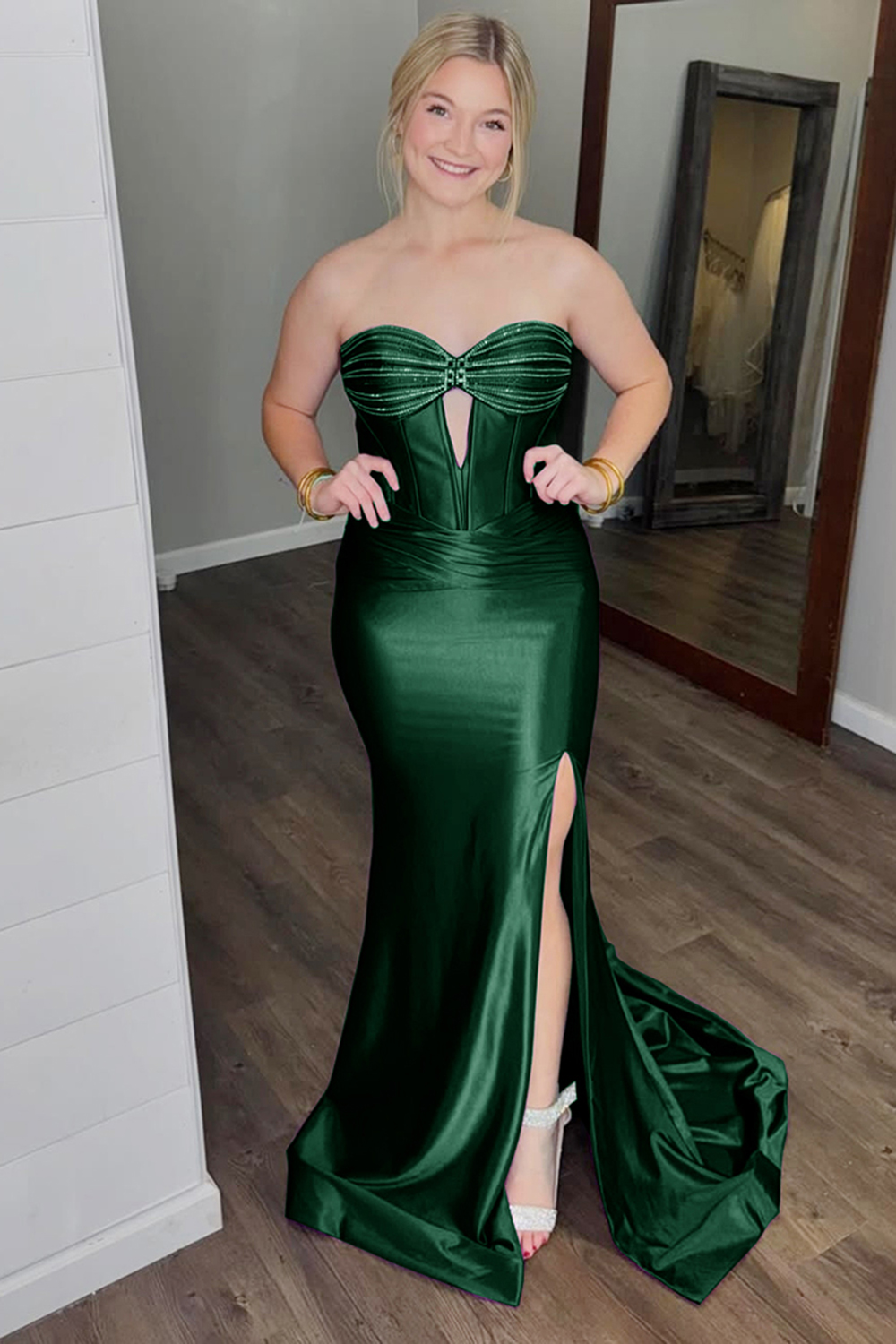 Sparkly Dark Green Beaded Corset Long Prom Dress with Slit