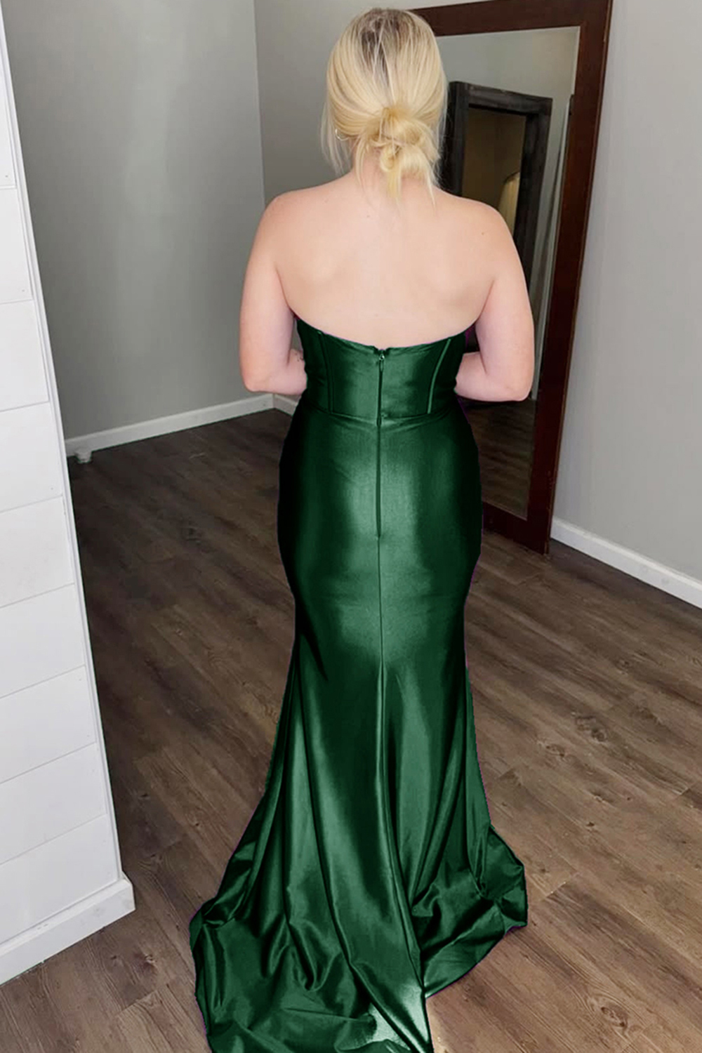 Sparkly Dark Green Beaded Corset Long Prom Dress with Slit