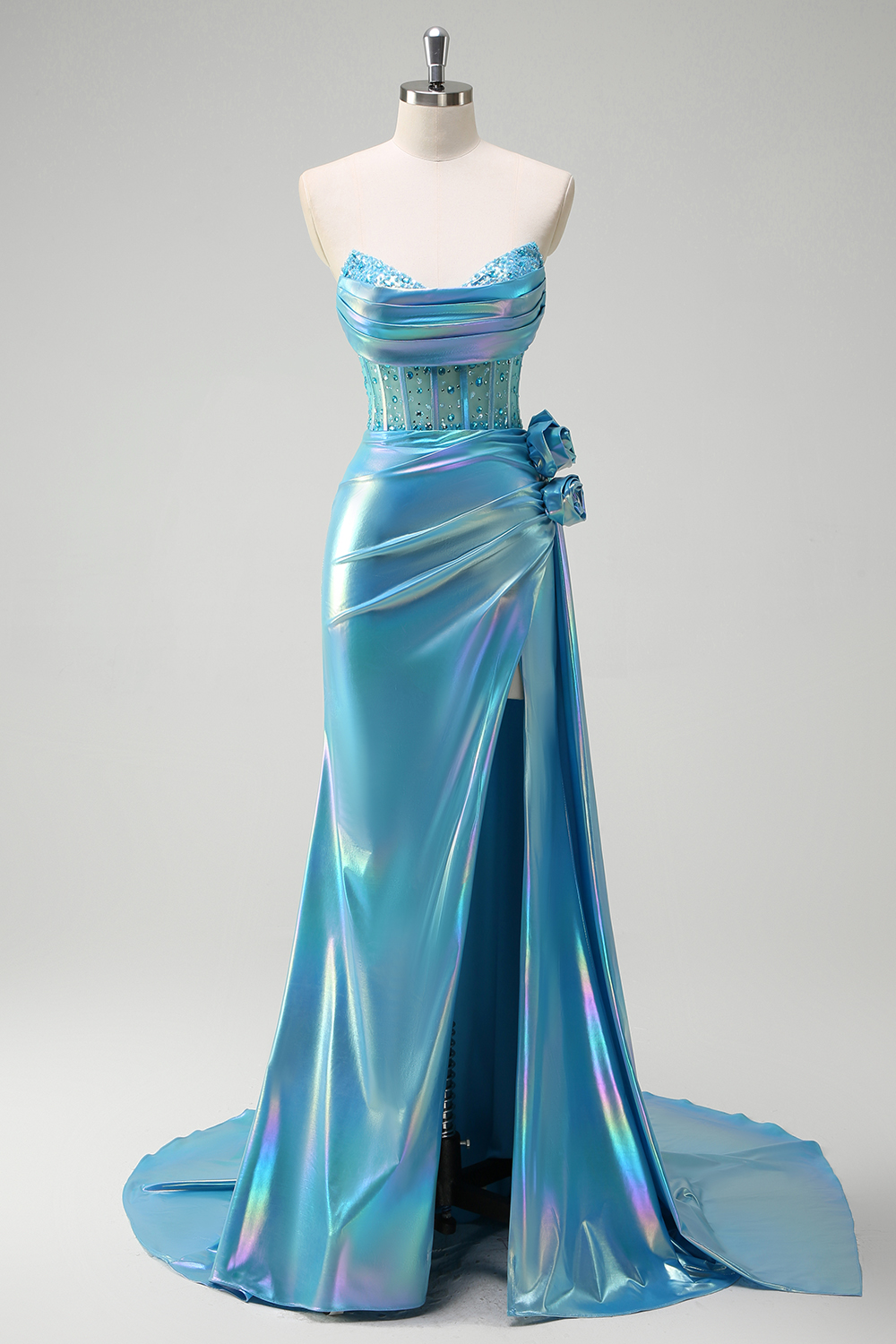 White Strapless Metallic Mermaid Beaded Long Corset Prom Dress with Wrap