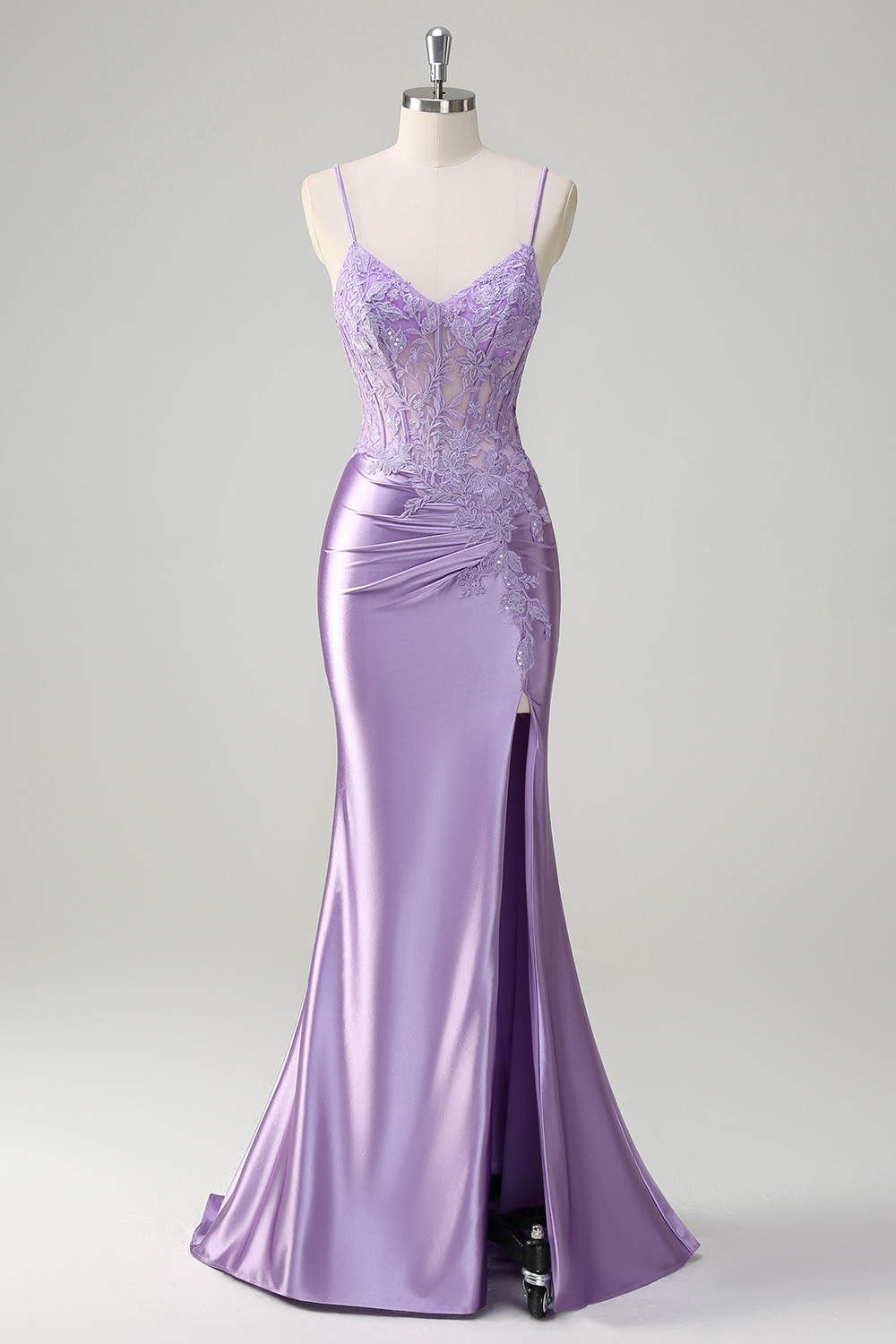 Lilac Spaghetti Straps Satin Mermaid Long Prom Dress with Appliques