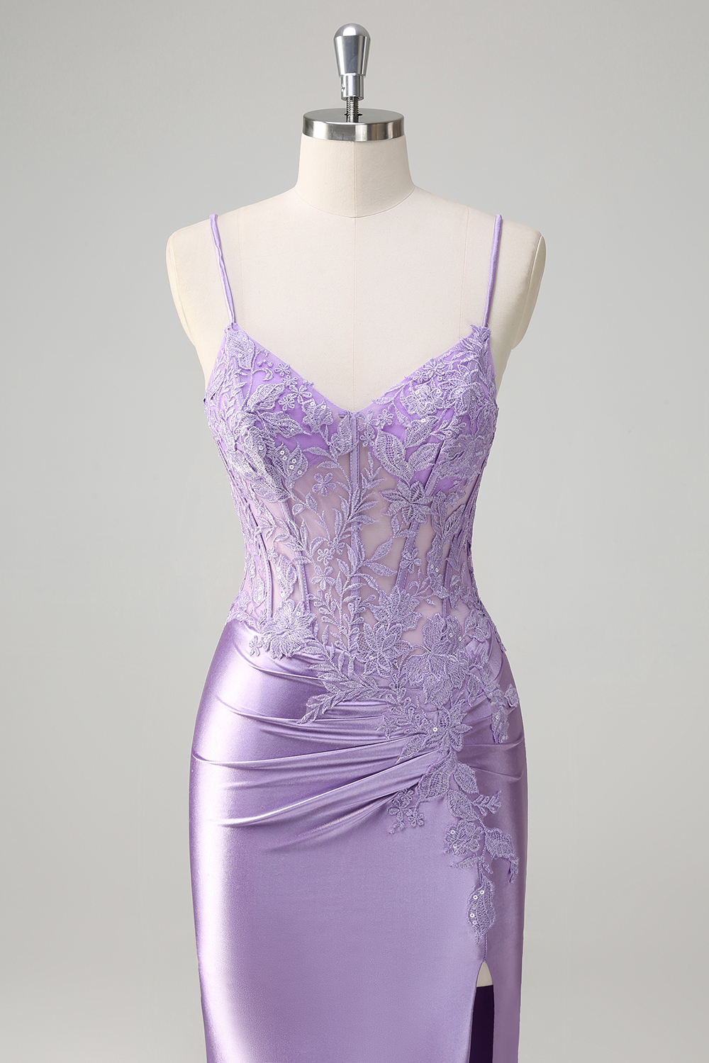 Lilac Spaghetti Straps Satin Mermaid Long Prom Dress with Appliques