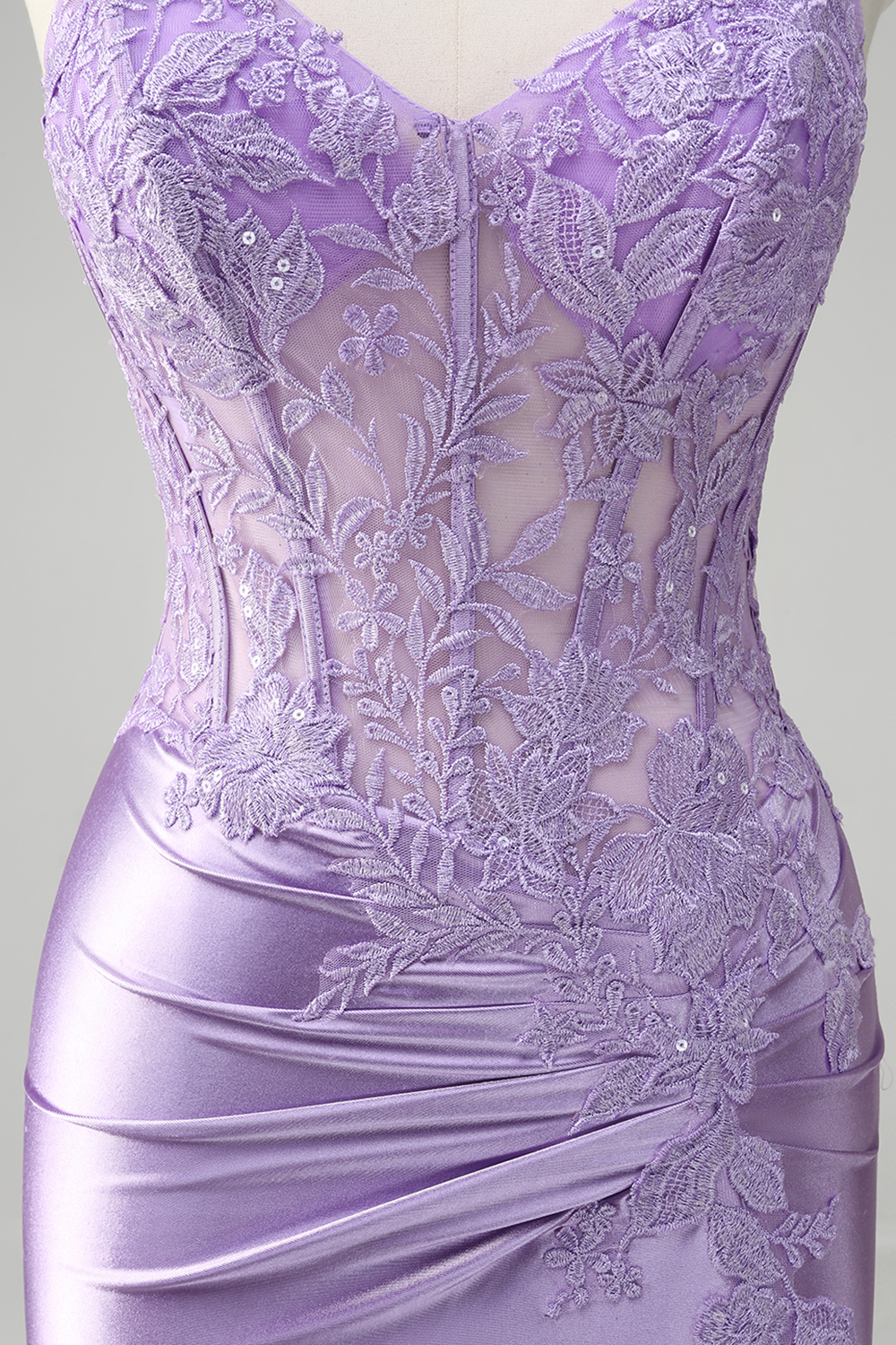 Lilac Spaghetti Straps Satin Mermaid Long Prom Dress with Appliques