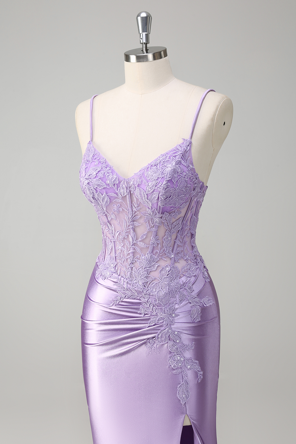 Lilac Spaghetti Straps Satin Mermaid Long Prom Dress with Appliques