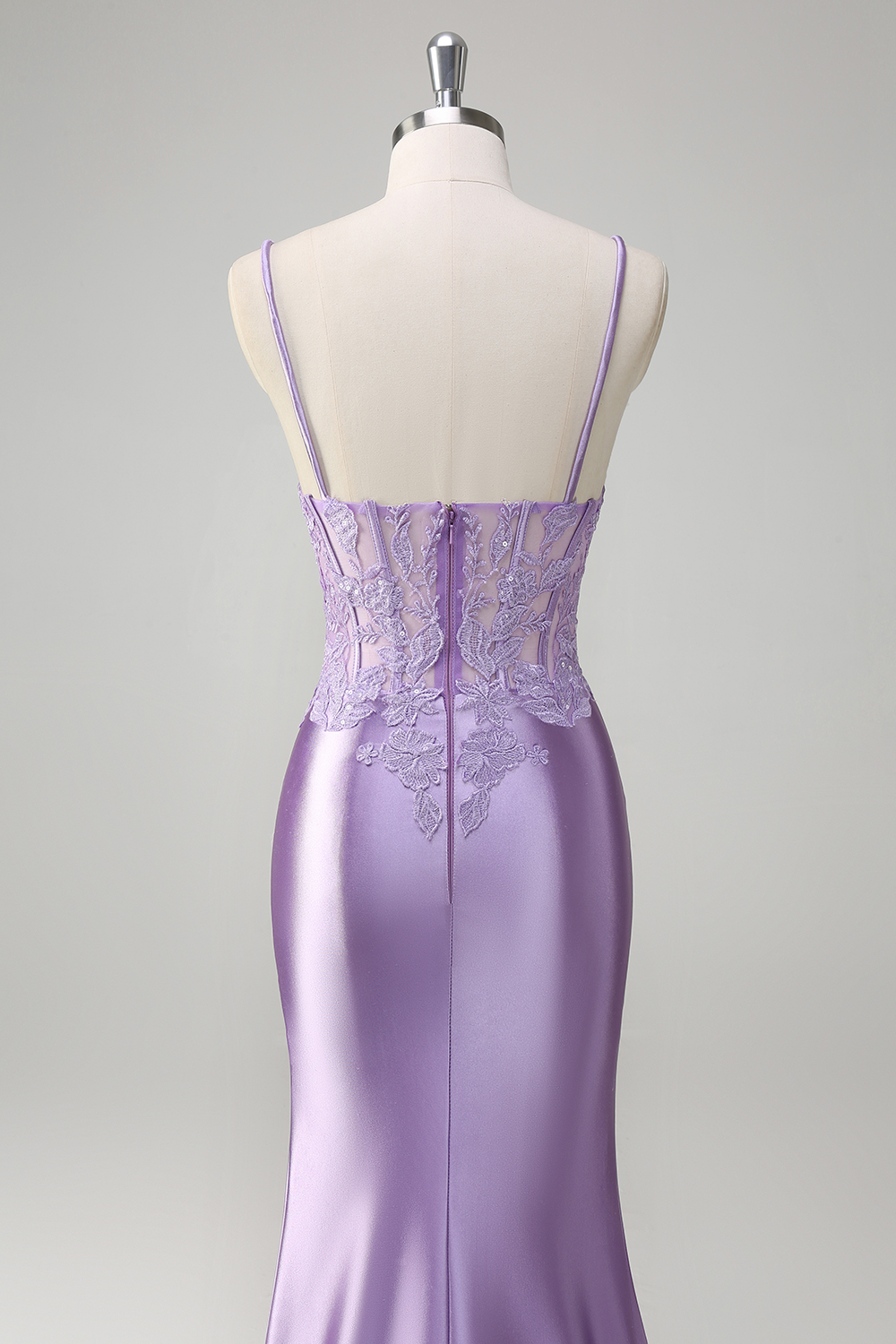 Lilac Spaghetti Straps Satin Mermaid Long Prom Dress with Appliques