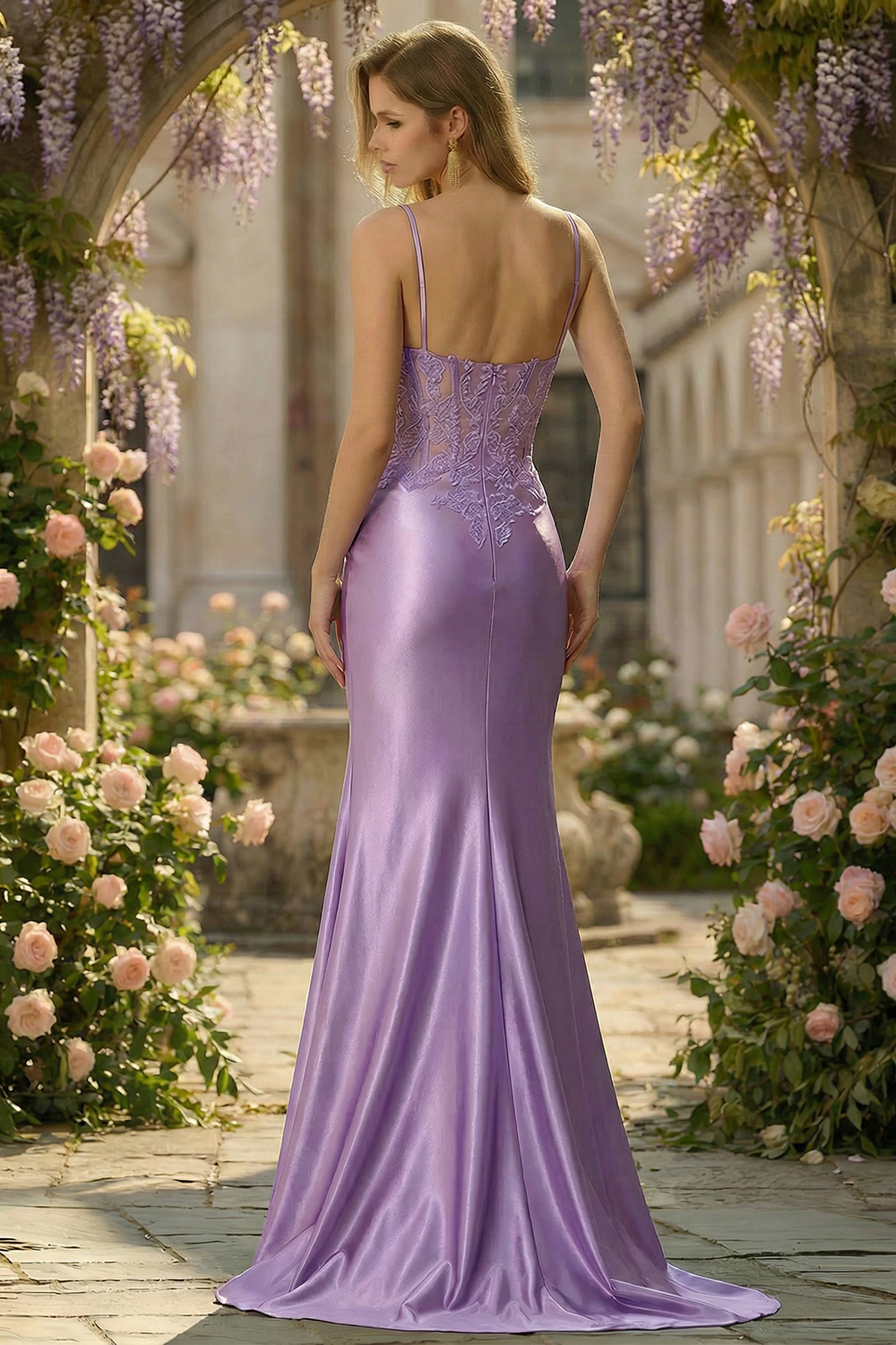 Lilac Spaghetti Straps Satin Mermaid Long Prom Dress with Appliques