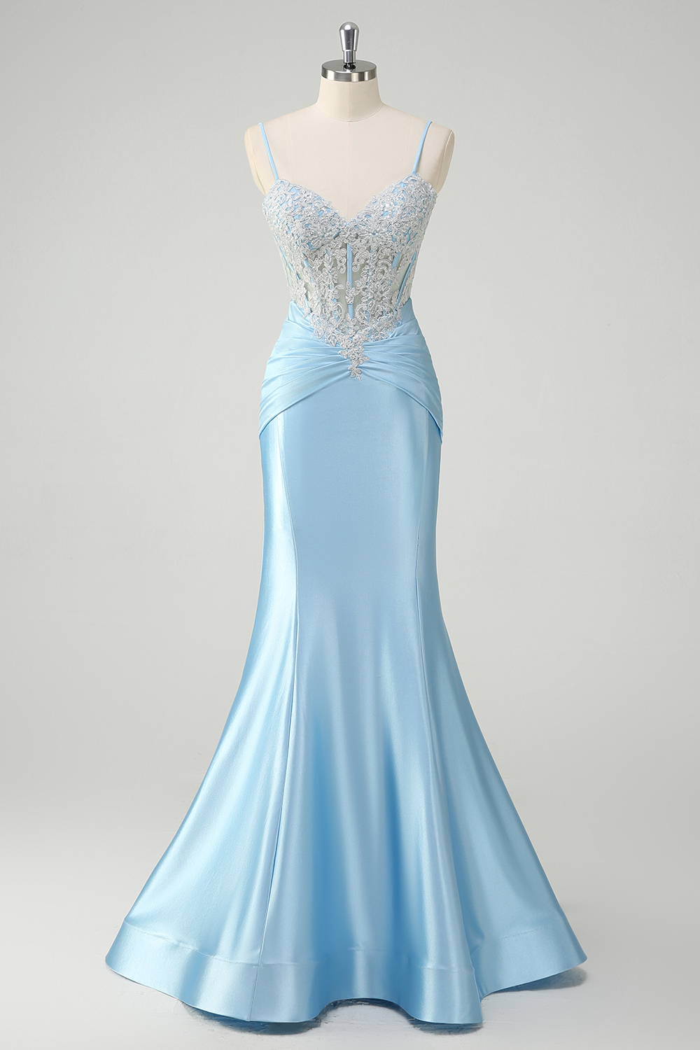 Blue Spaghetti Straps V-neck Mermaid Satin Long Prom Dress with Decal