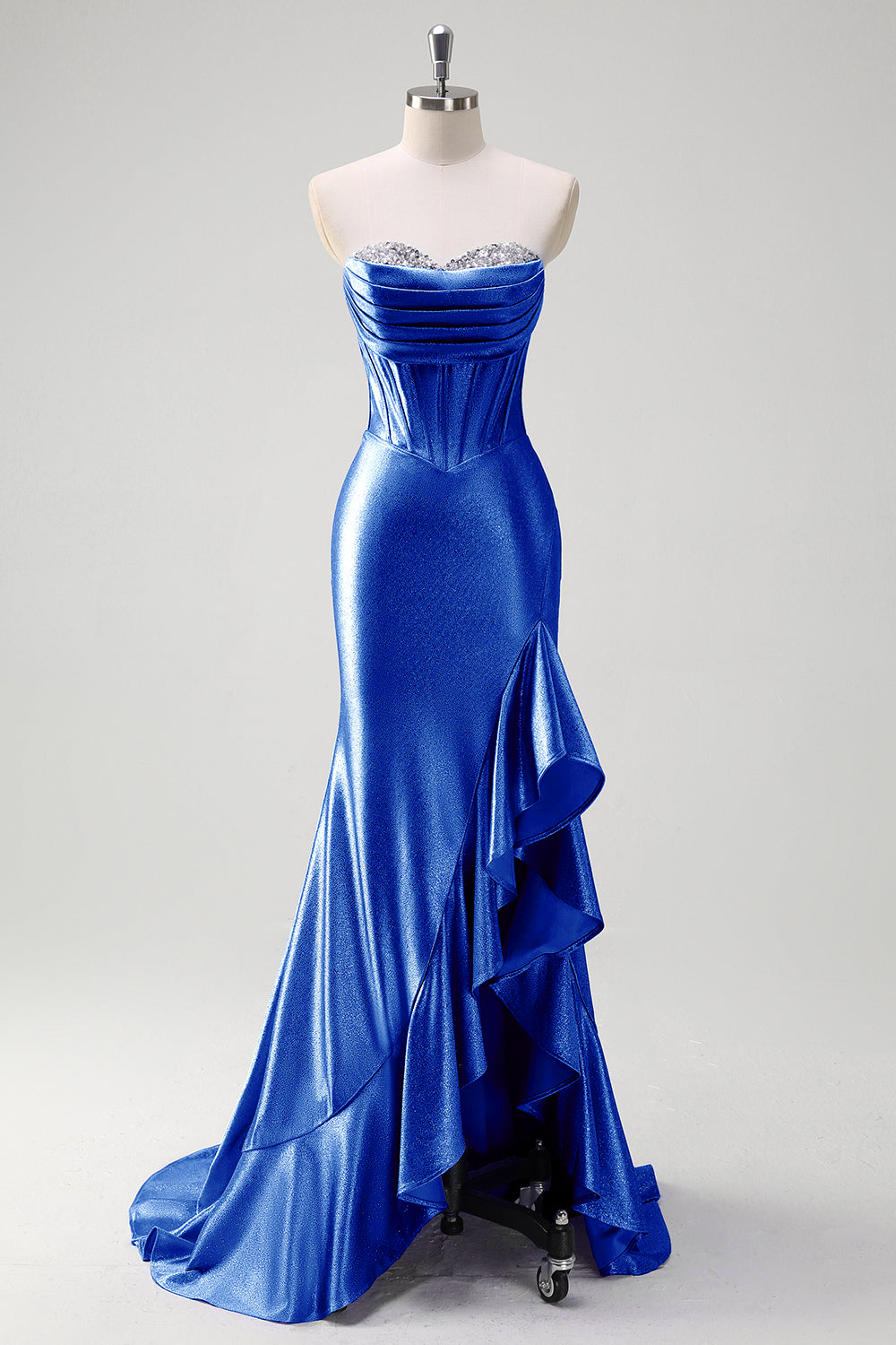 Blue Satin Mermaid Sweetheart Long Corset Prom Dress with Ruffles