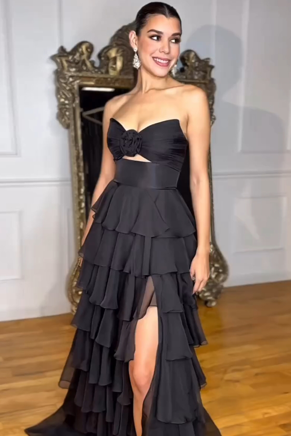 Black Sweetheart Chiffon A-Line Tiered Long Prom Dress with Slit
