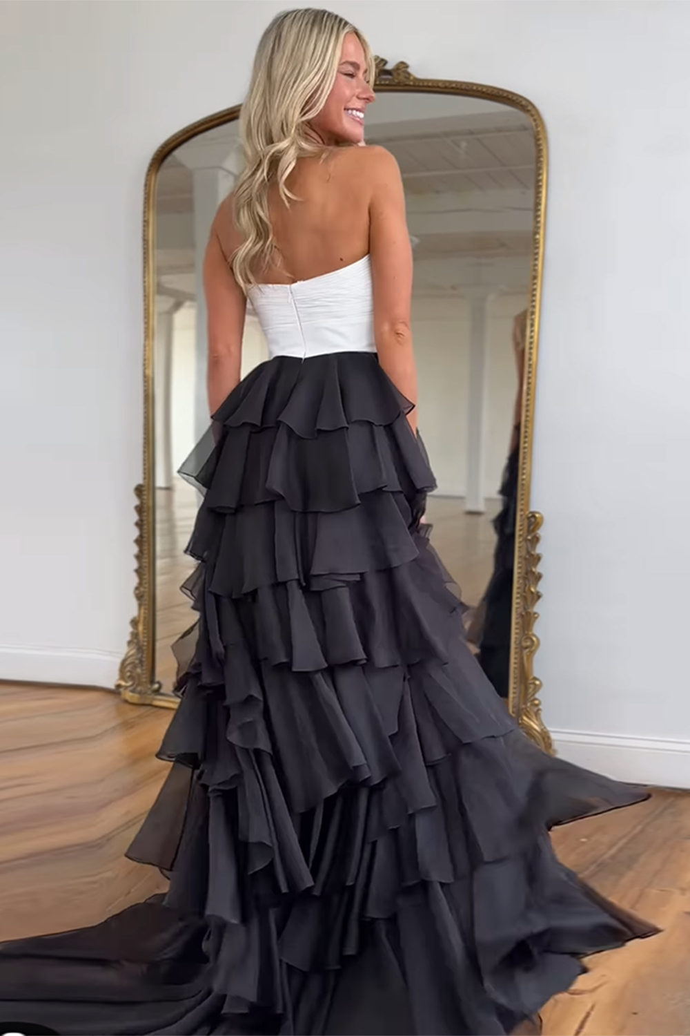 Black and White Sweetheart Chiffon A-Line Tiered Long Prom Dress with Slit
