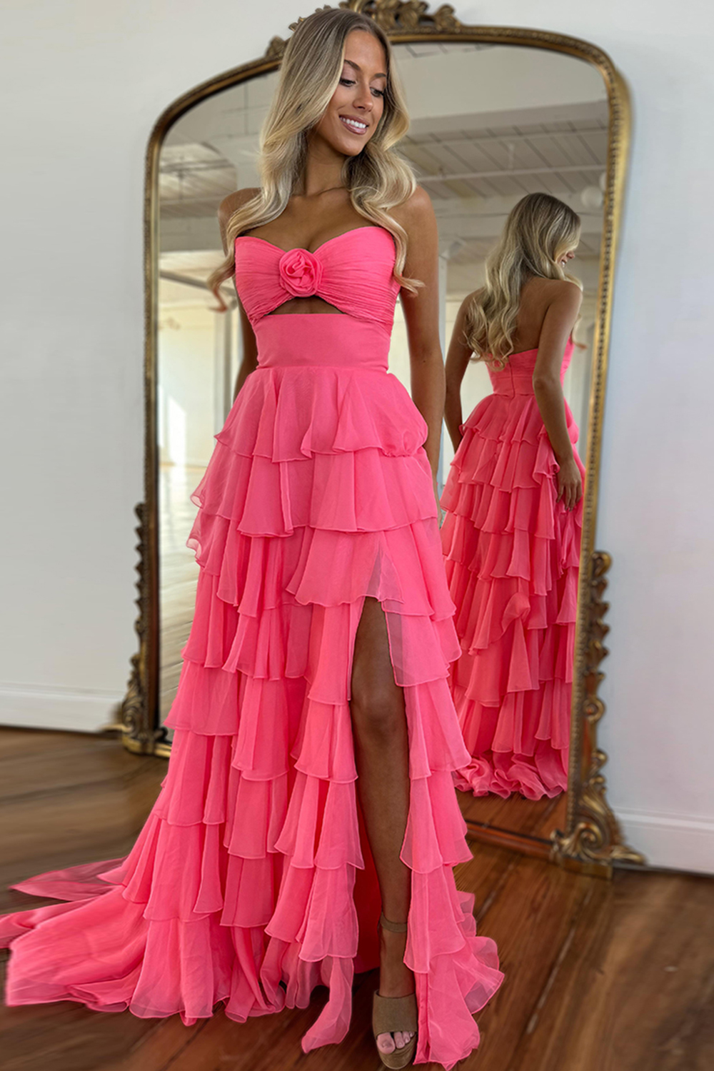 Coral Sweetheart Chiffon A-Line Long Ruffled Prom Dress with Slit