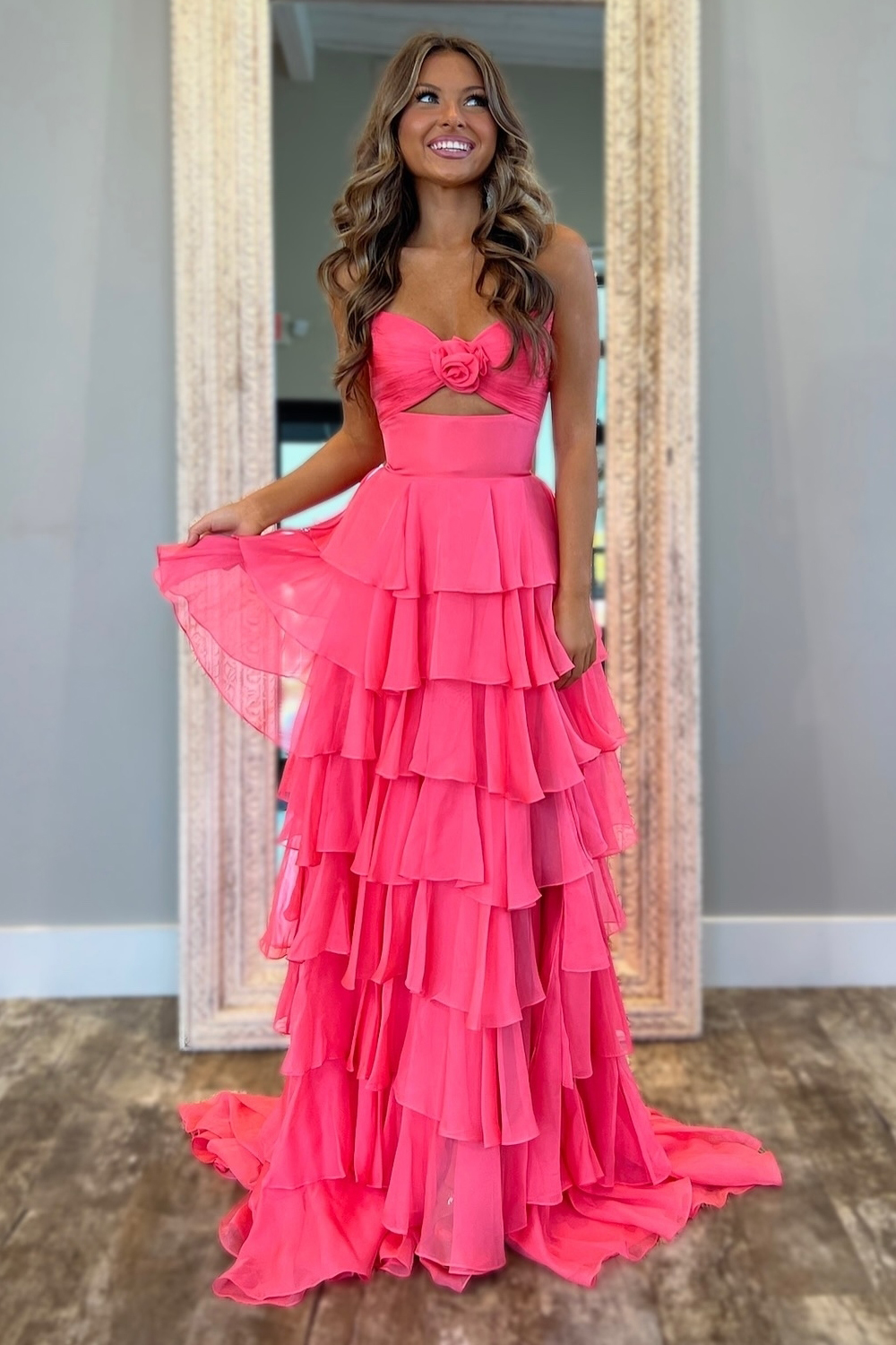 Black Sweetheart Chiffon A-Line Tiered Long Prom Dress with Slit