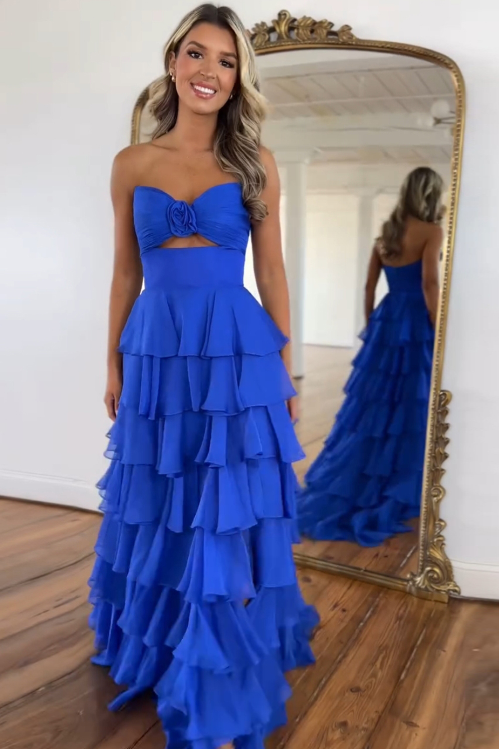 Royal Blue Prom Dress Sweetheart Chiffon A-Line Pageant Dress Tiered Long Formal Dress with Slit