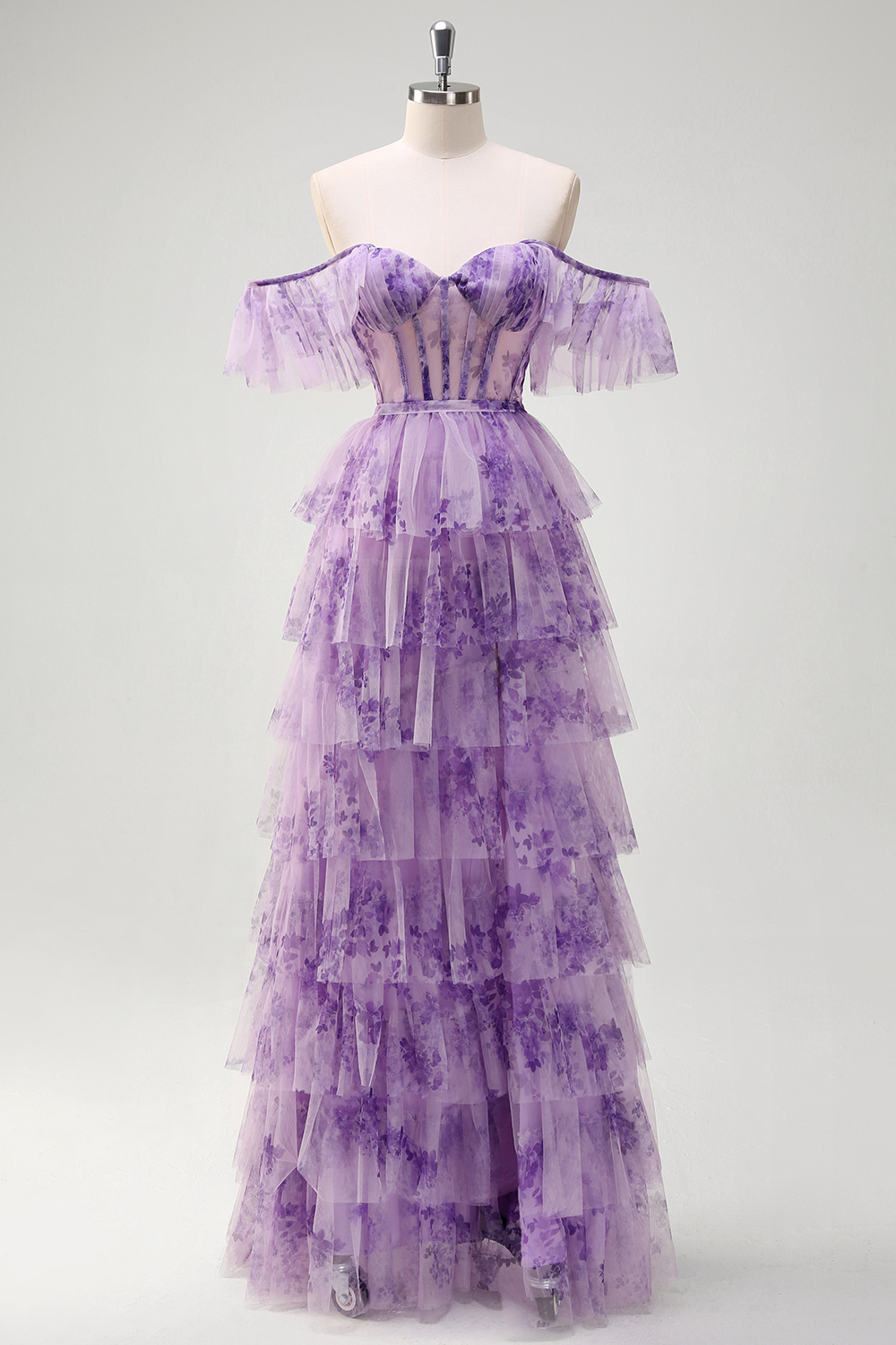 Lilac Floral Printed Princess Tulle Tiered Off the Shoulder Long Corset Prom Dress