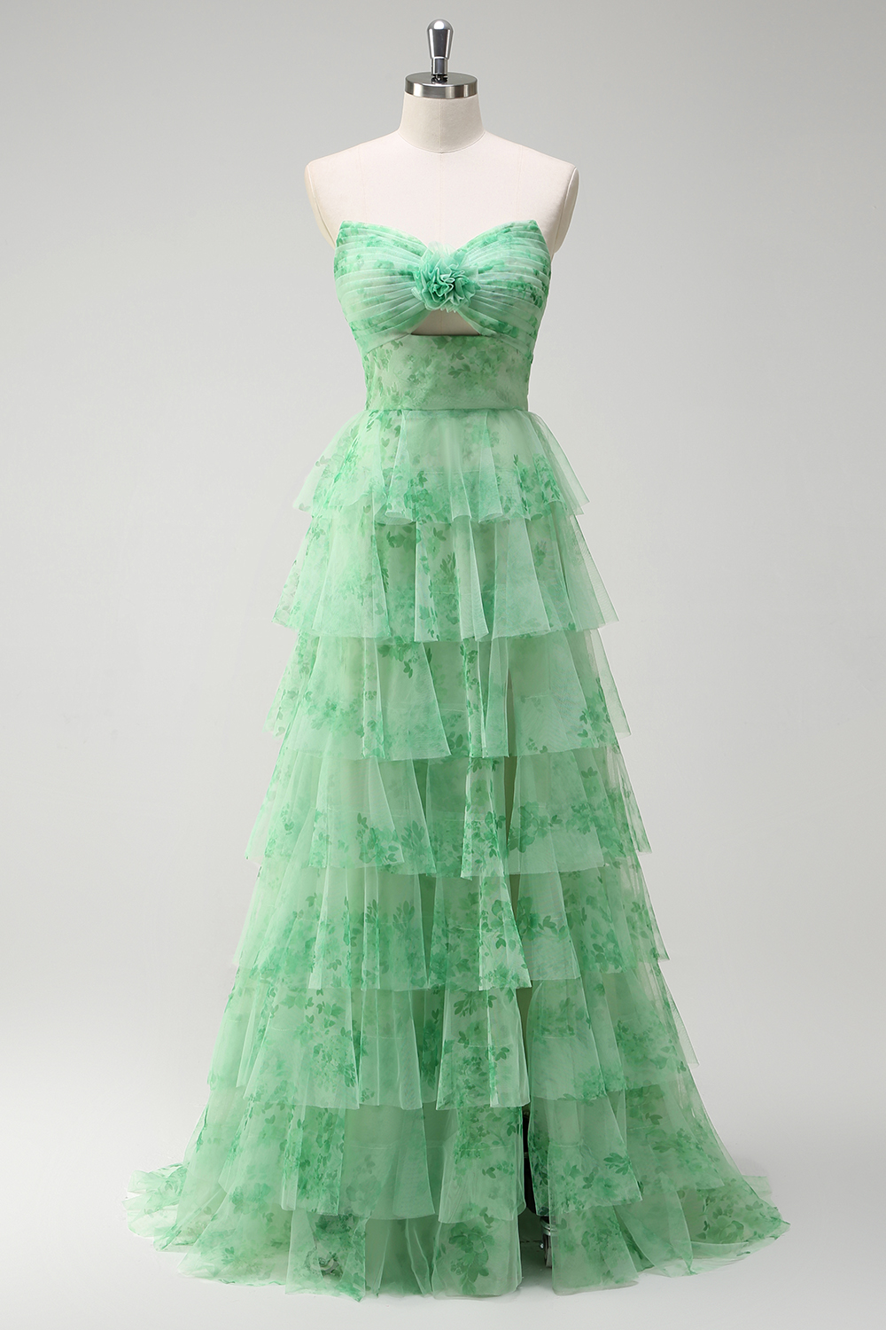 Green Sweetheart Floral Printed Princess Tulle Tiered Long Prom Dress