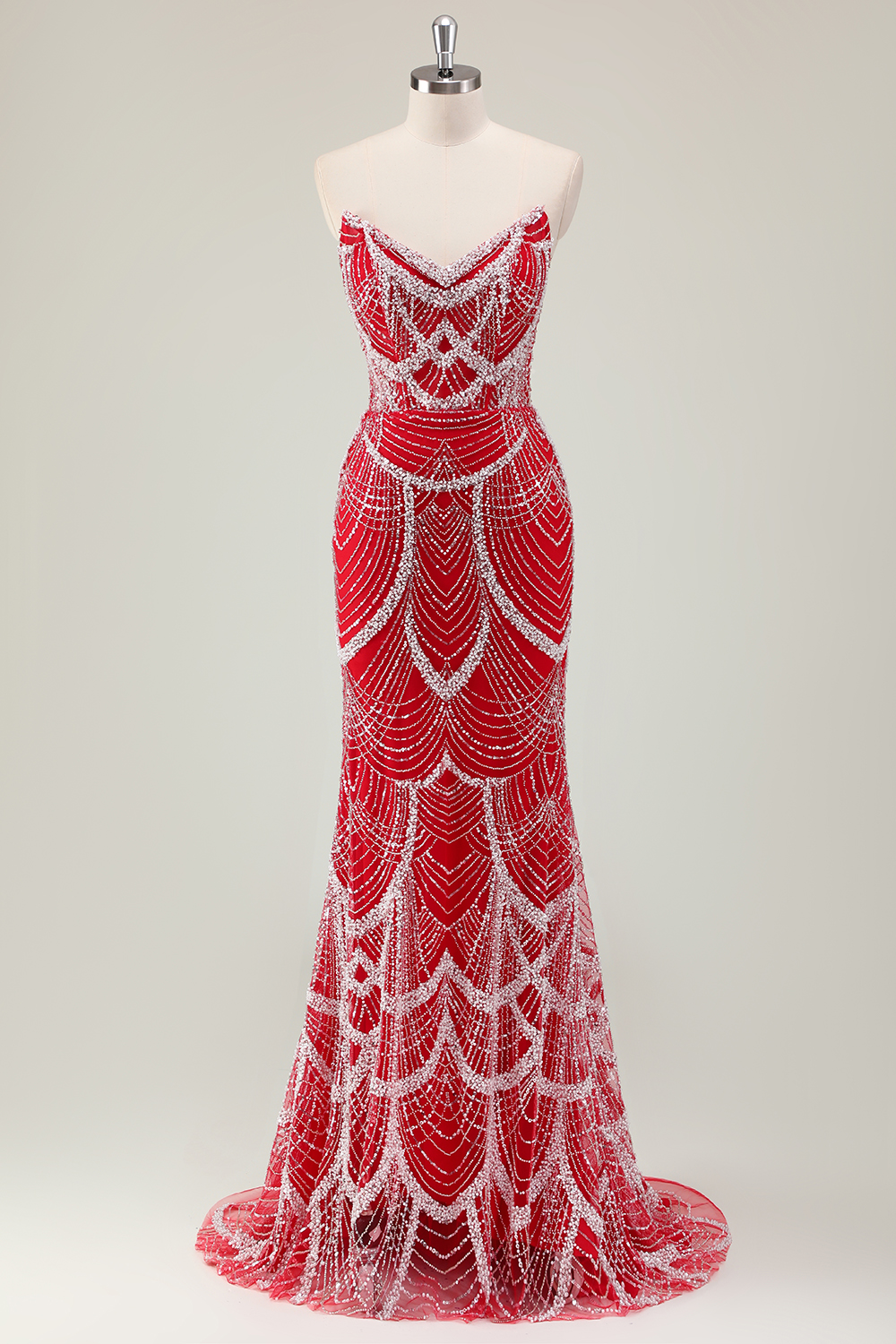 Sparkly Red Sweetheart Mermaid Sequins Long Corset Prom Dress with Beading