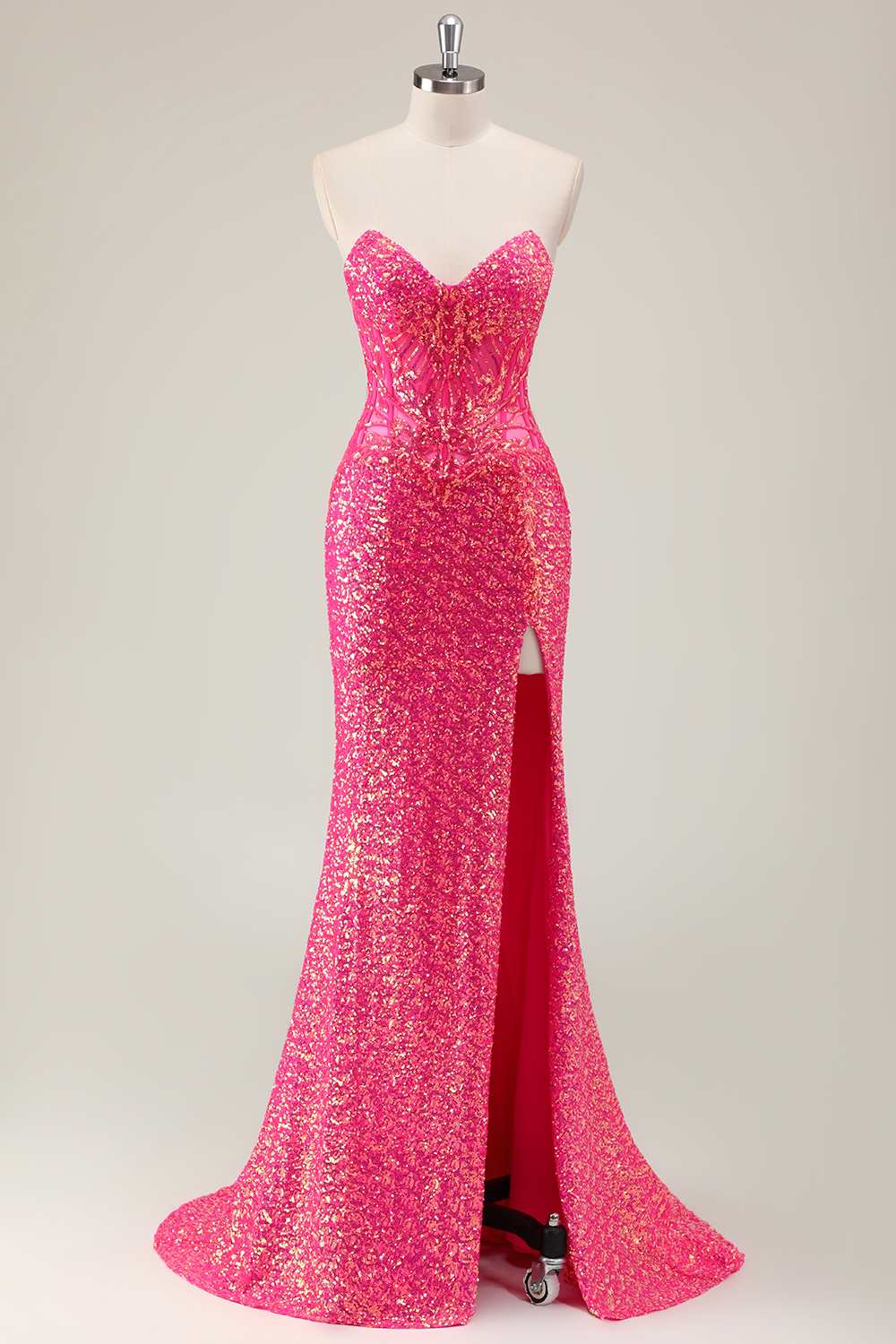 Sparkly Fuchsia Sweetheart Sequins Mermaid Long Corset Prom Dress with Slit