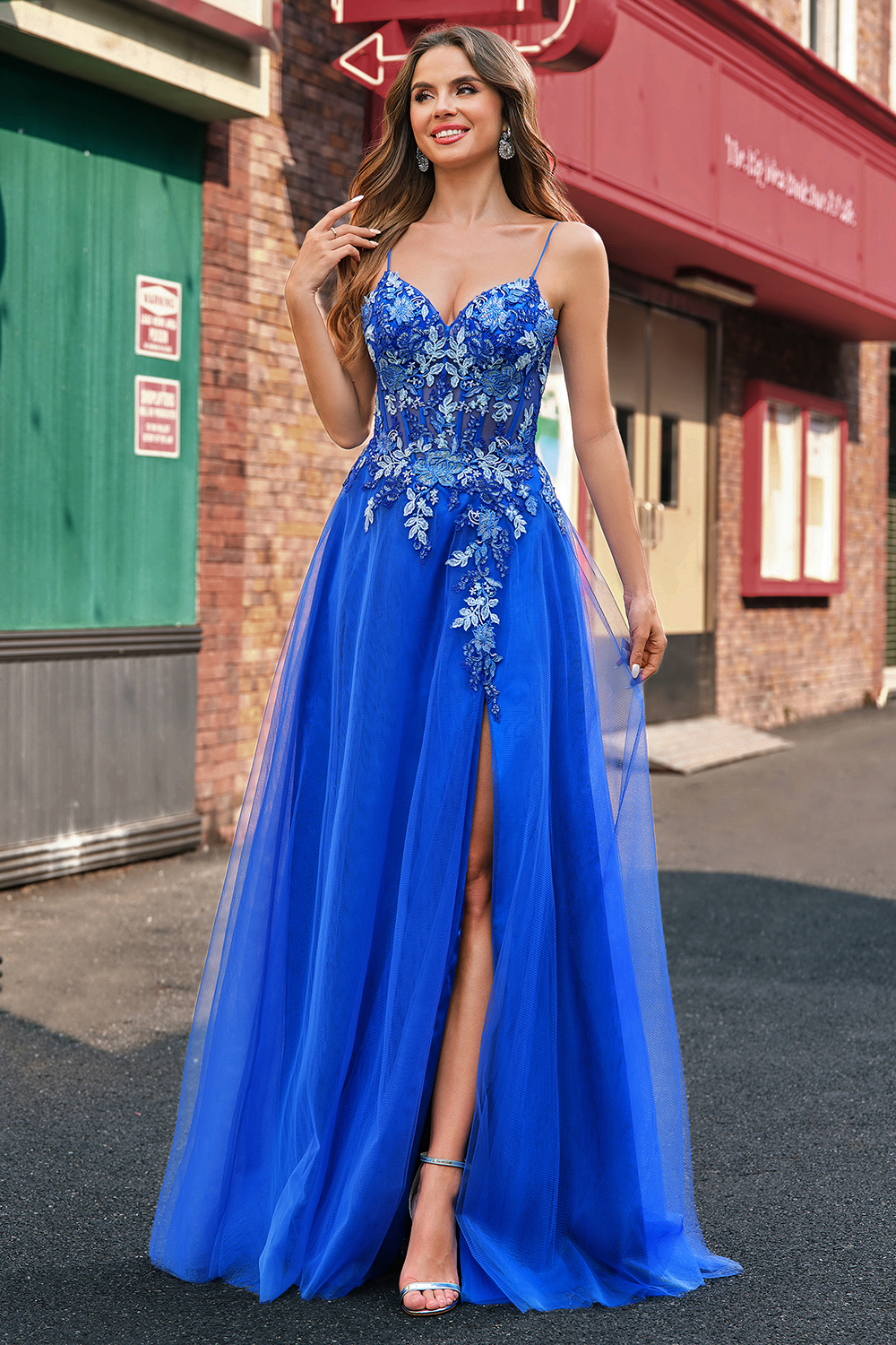 Royal Blue Spaghetti Straps A-Line Tulle Long Corset Prom Dress with Appliques