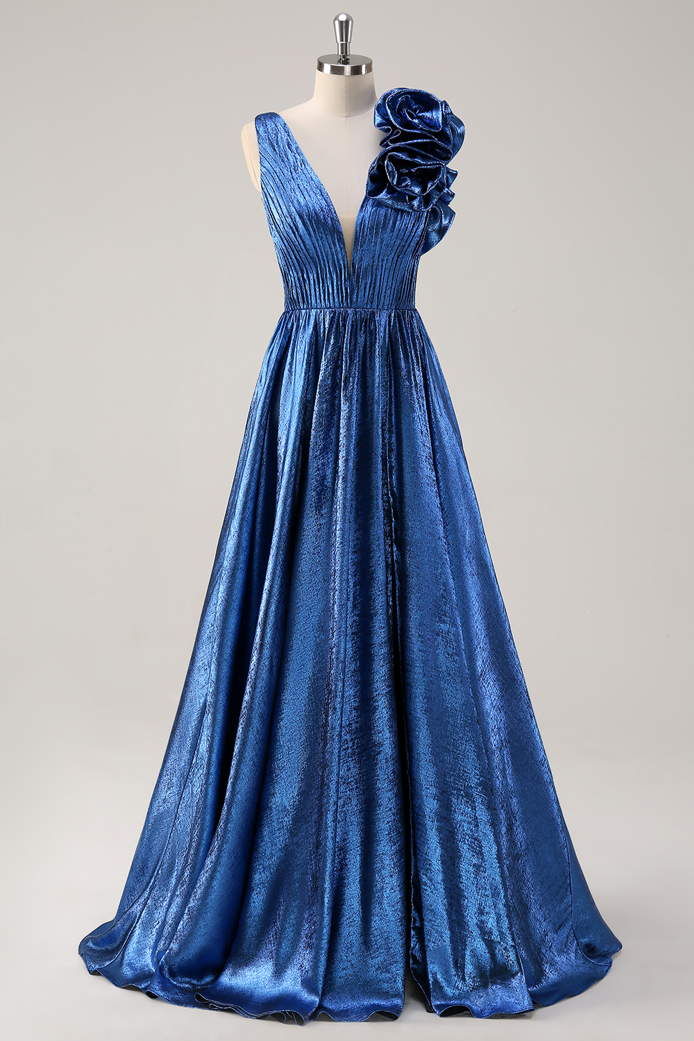 Royal Blue Deep V-neck Metallic A-Line Long Prom Dress with 3D Flowers