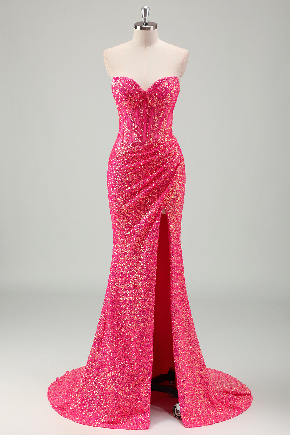 Sparkly Sweetheart Fuchsia Mermaid Sequins Long Corset Prom Dress with Slit