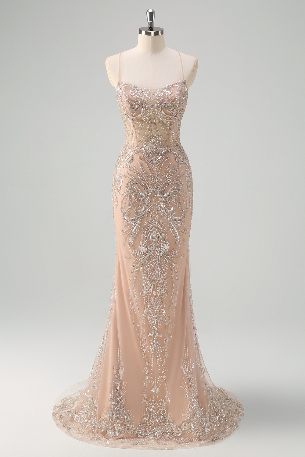 Sparkly Spaghetti Straps Gala Dress Champagne Mermaid Sequins Pageant Dress Long Corset Prom Dress with Beading
